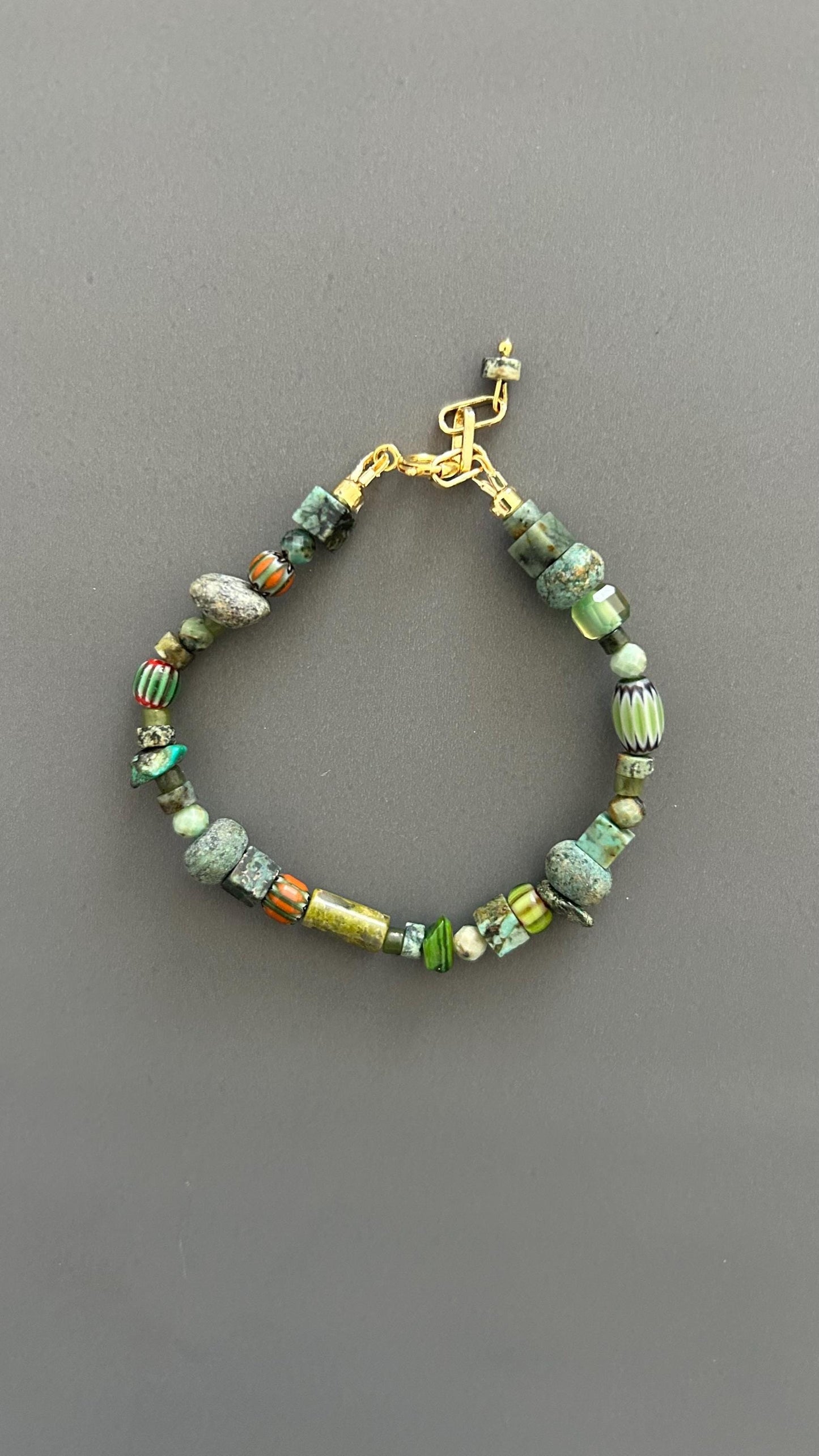 Green Beaded Bracelet | Handmade Earth Tone Gemstone & Glass Bangle with Gold Clasp