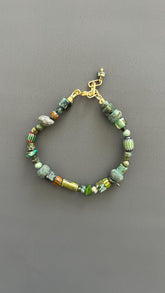 Green Beaded Bracelet | Handmade Earth Tone Gemstone & Glass Bangle with Gold Clasp