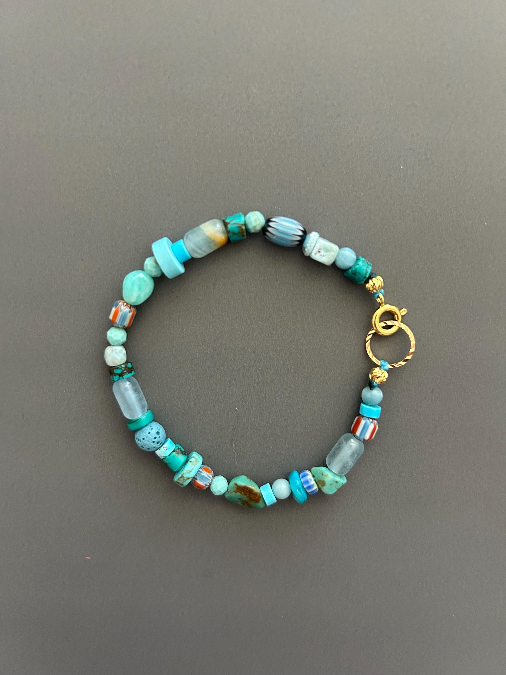 Boho Turquoise Beaded Bracelet | Mixed Gemstone Bracelet with Gold Toggle | Handmade Aqua Stone Jewelry | Beachy Bohemian Gift