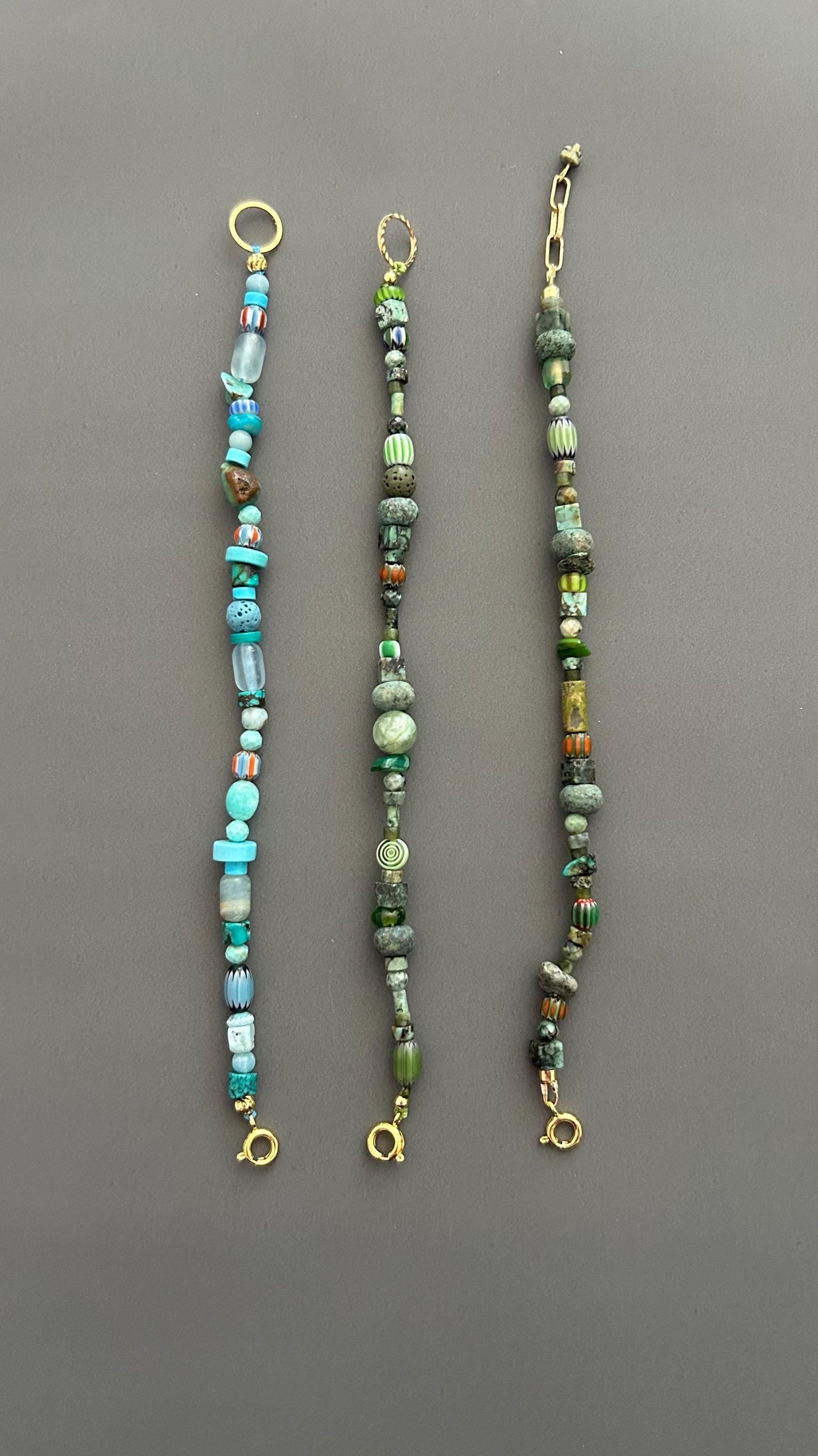 Green Beaded Bracelet | Handmade Earth Tone Gemstone & Glass Bangle with Gold Clasp