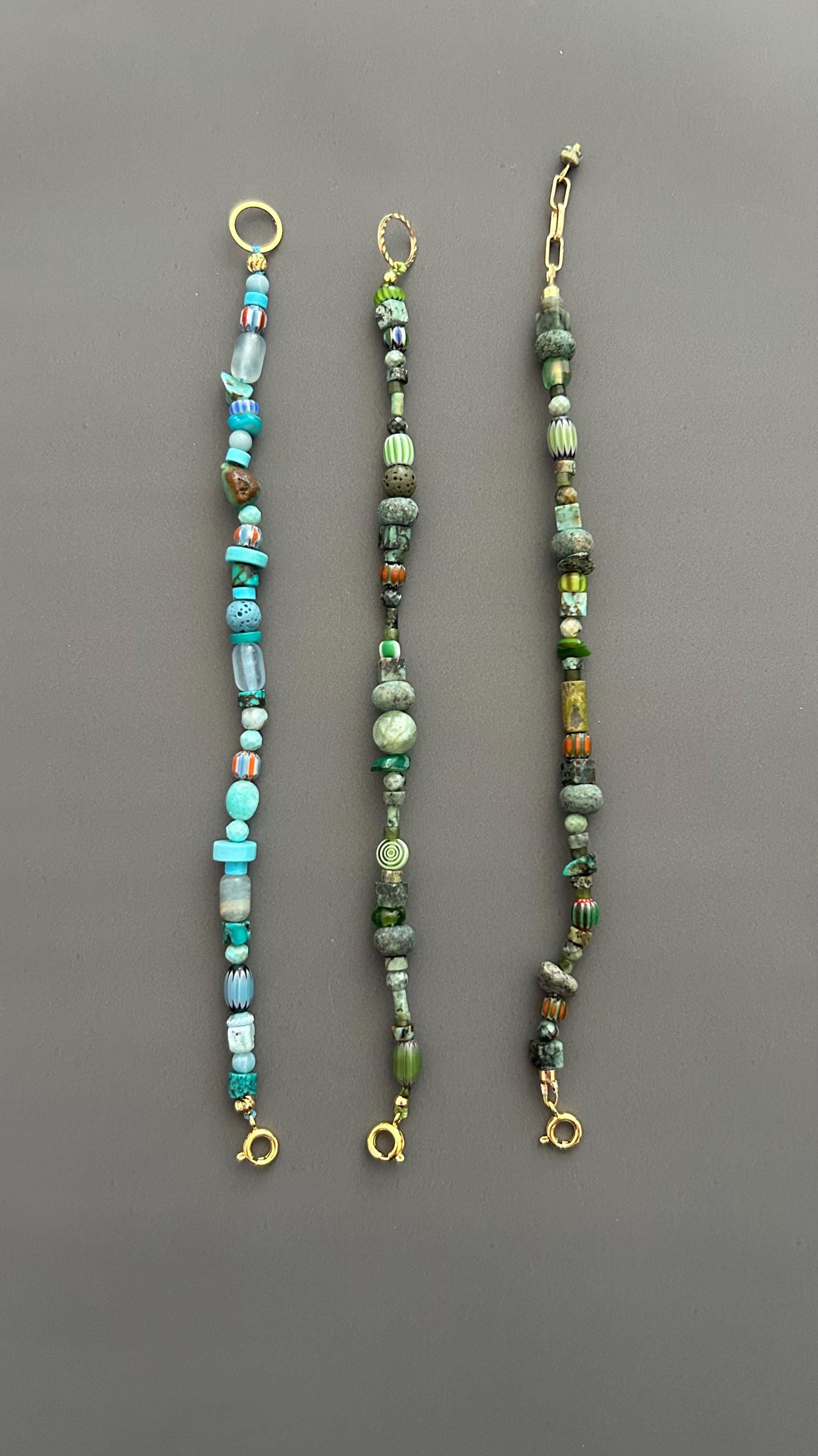 Green Beaded Bracelet | Handmade Earth Tone Gemstone & Glass Bangle with Gold Clasp