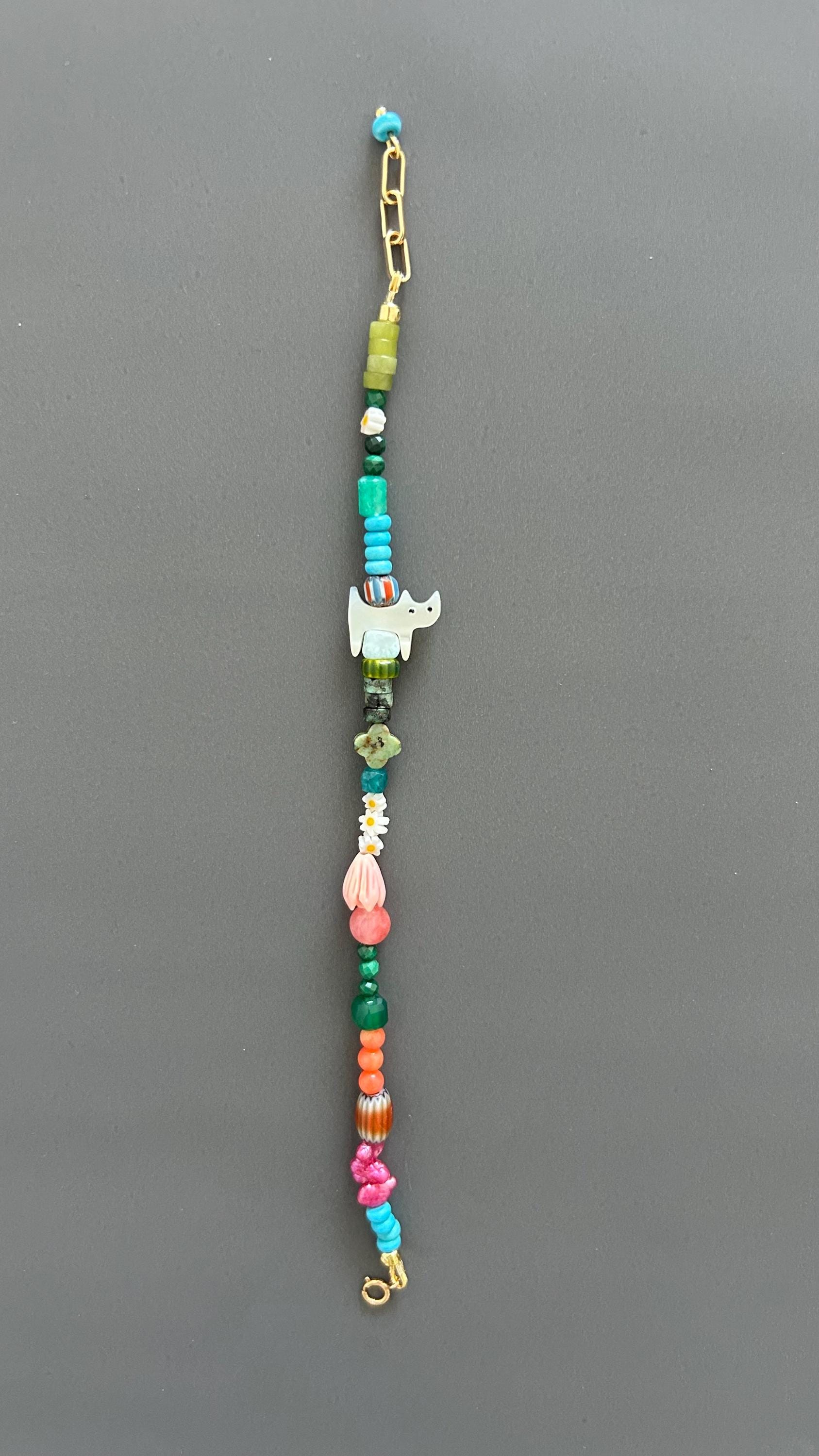 Cat Charm Bracelet - Sterling Silver Adjustable Gemstone Beaded Pet Memorial Jewelry Stackable Cat Lover Gift Handmade