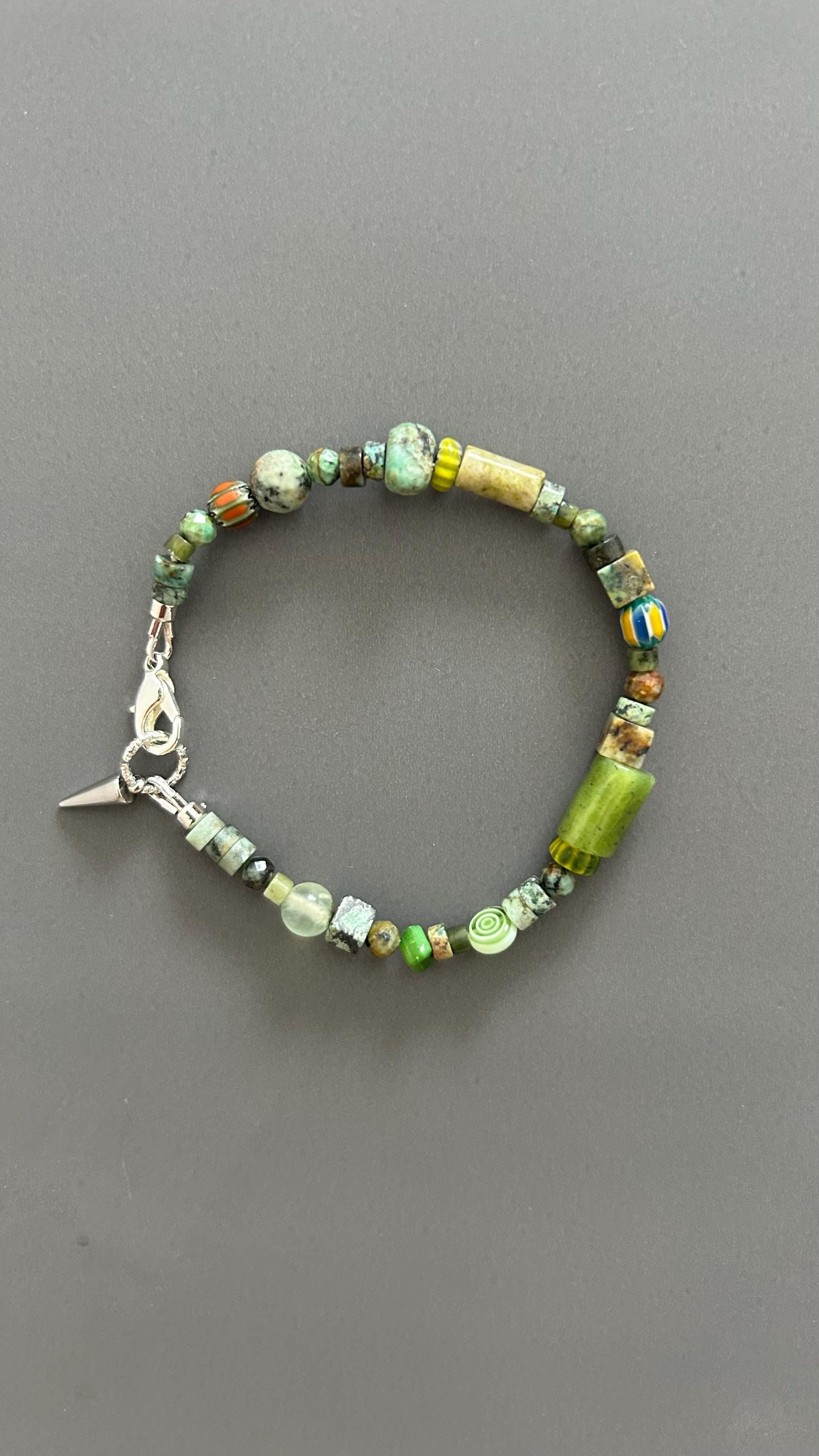 Green Turquoise Beaded Bracelet | Handmade Mixed Stone & Glass Bangle | Unisex Gift
