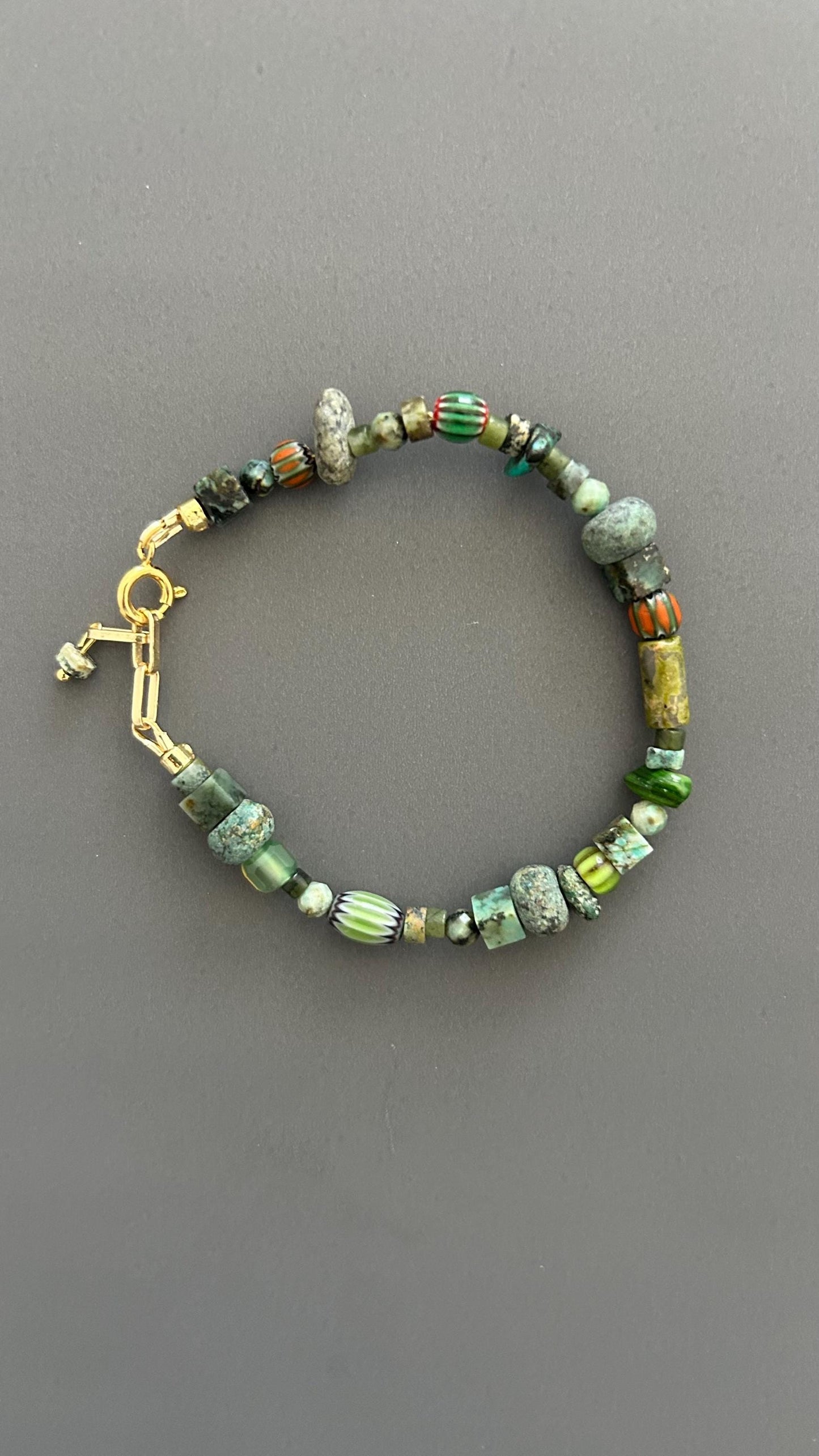 Green Beaded Bracelet | Handmade Earth Tone Gemstone & Glass Bangle with Gold Clasp