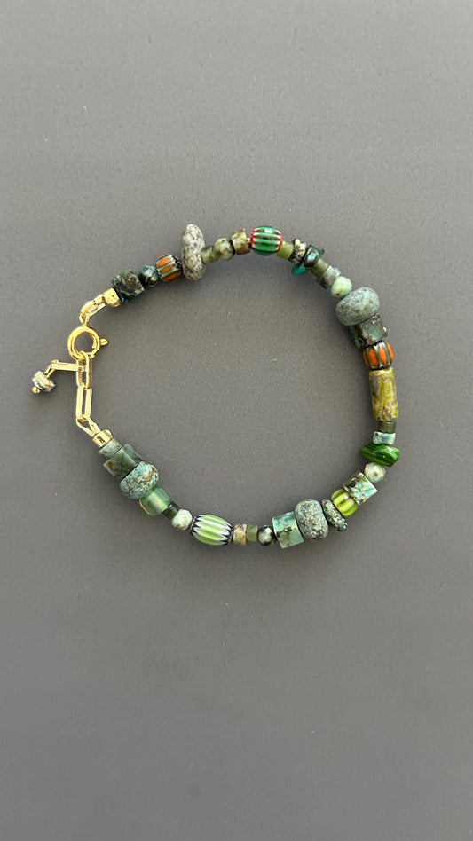 Green Beaded Bracelet | Handmade Earth Tone Gemstone & Glass Bangle with Gold Clasp
