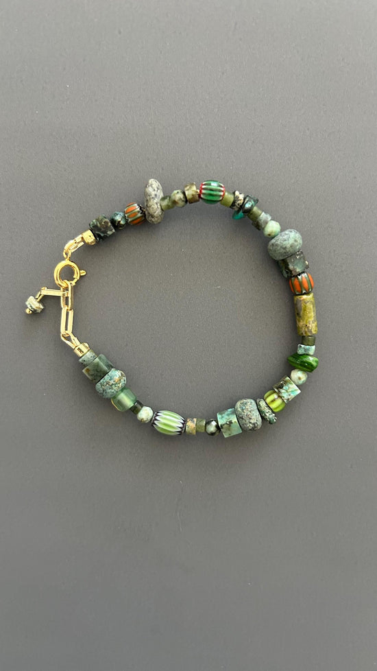 Green Beaded Bracelet | Handmade Earth Tone Gemstone & Glass Bangle with Gold Clasp