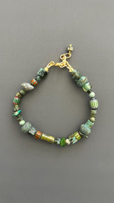 Green Beaded Bracelet | Handmade Earth Tone Gemstone & Glass Bangle with Gold Clasp