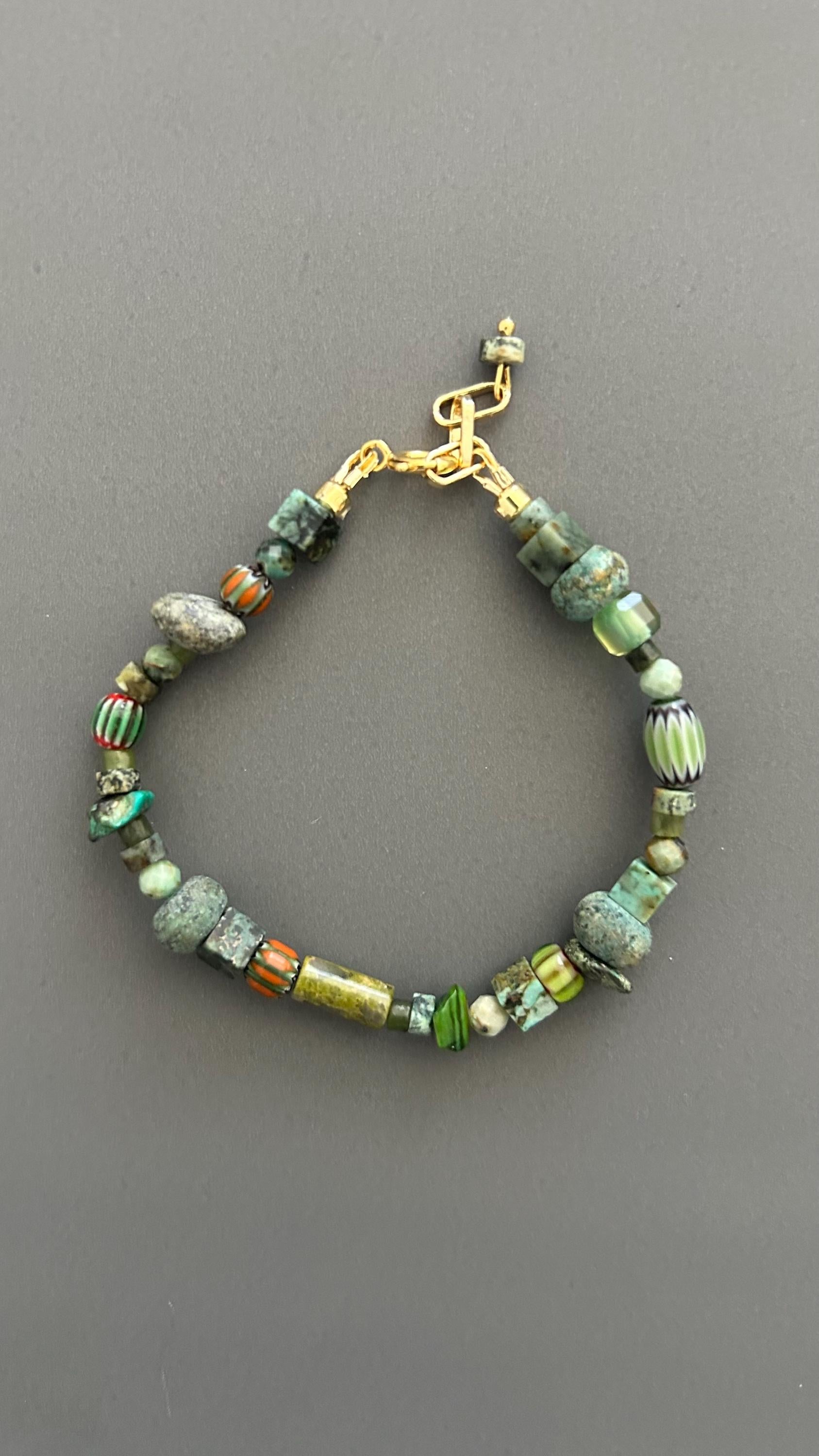 Green Beaded Bracelet | Handmade Earth Tone Gemstone & Glass Bangle with Gold Clasp