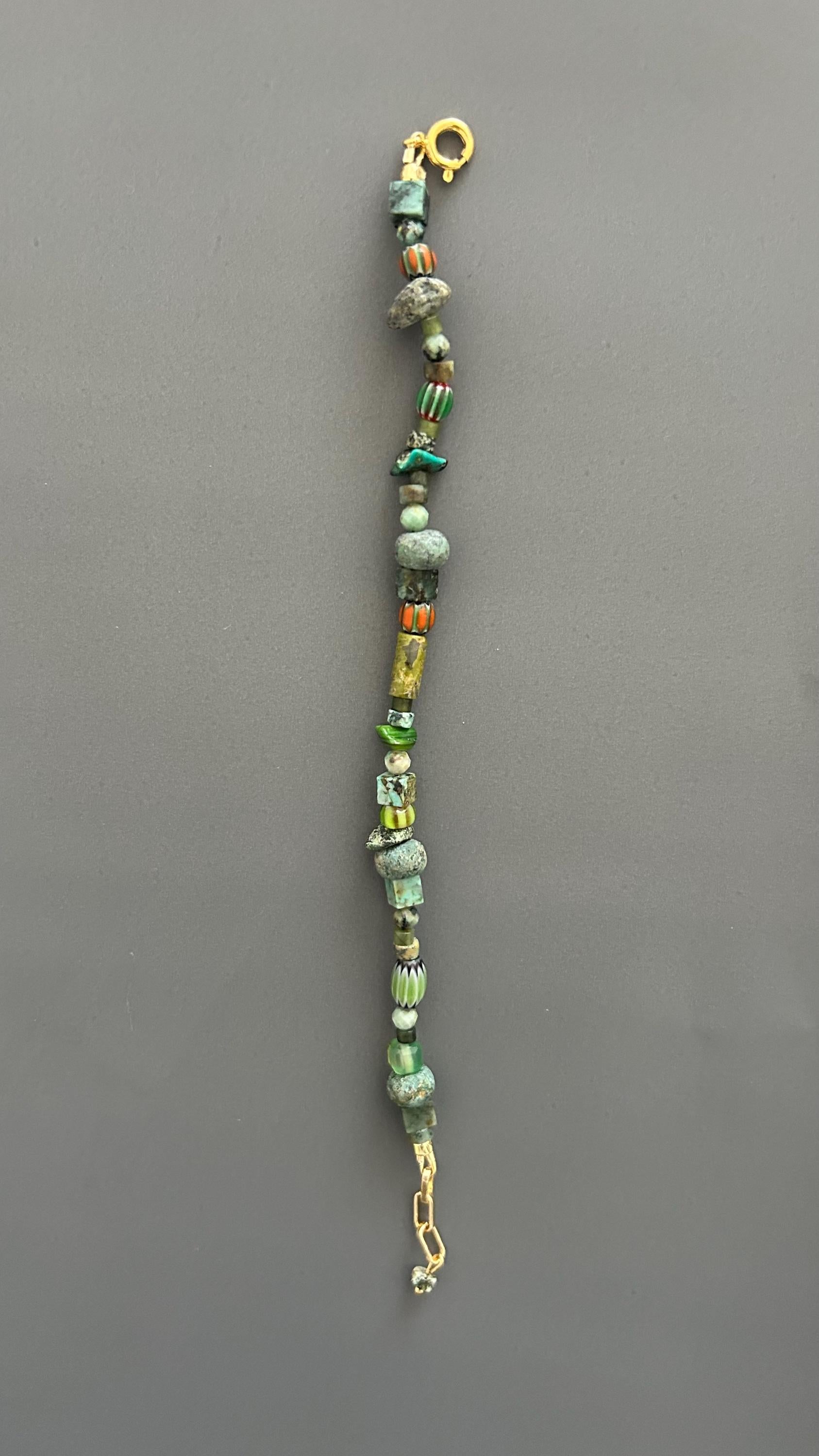 Green Beaded Bracelet | Handmade Earth Tone Gemstone & Glass Bangle with Gold Clasp