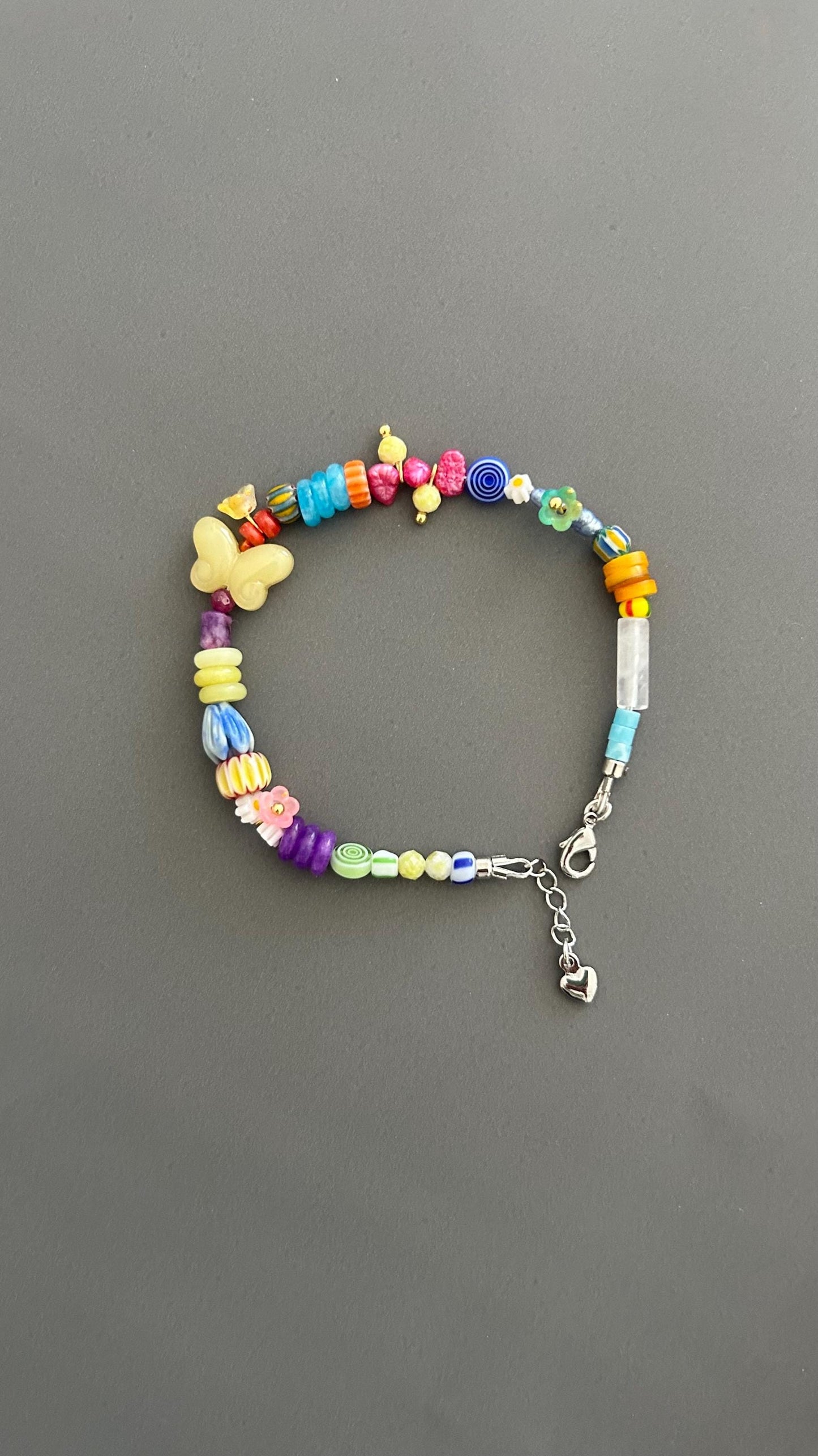 Butterfly Charm Bracelet - Rainbow Gemstone Bead with Flower Adjustable Stackable Colorful Bohemian Jewelry Transformation