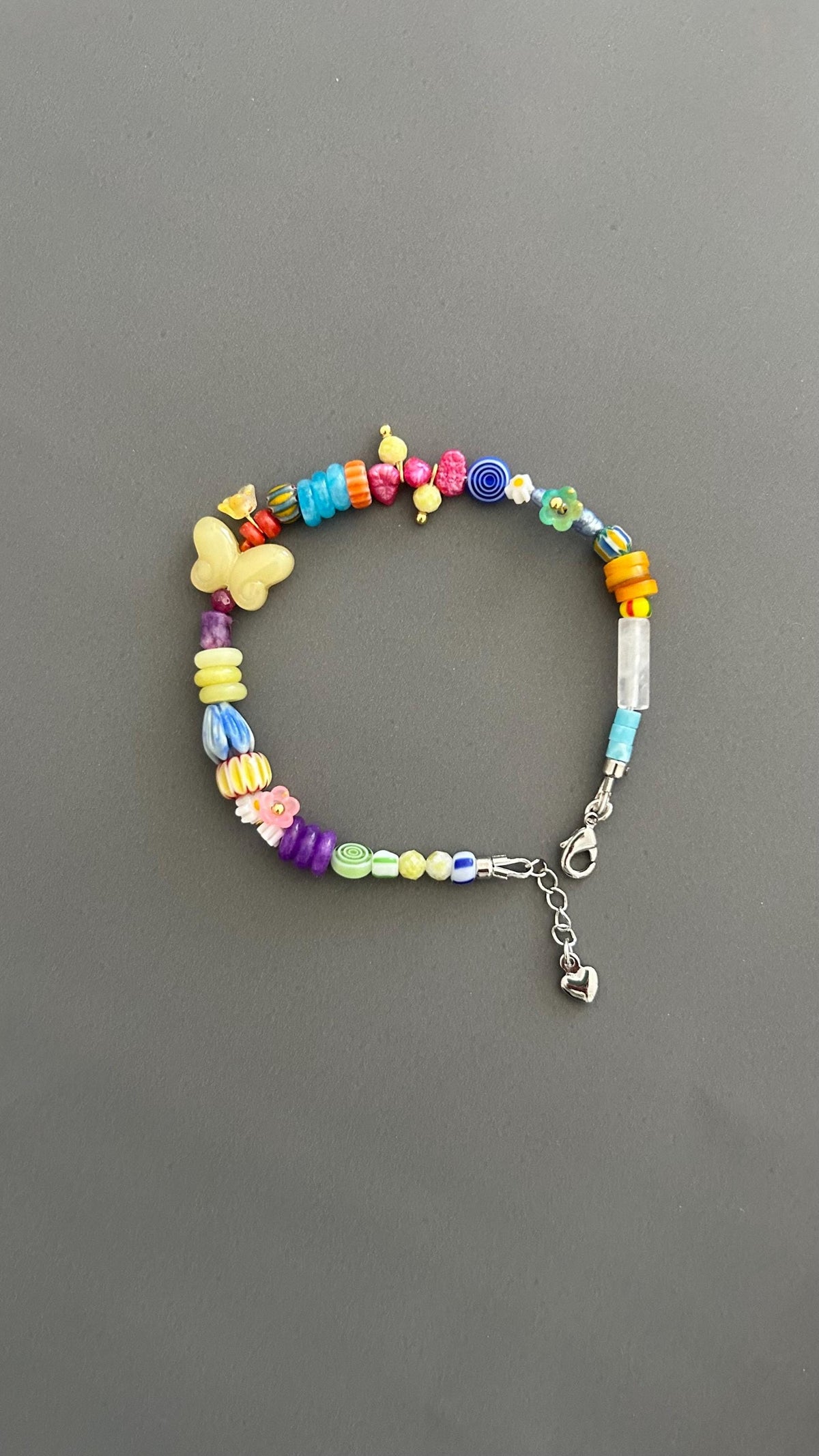 Butterfly Charm Bracelet - Rainbow Gemstone Bead with Flower Adjustable Stackable Colorful Bohemian Jewelry Transformation