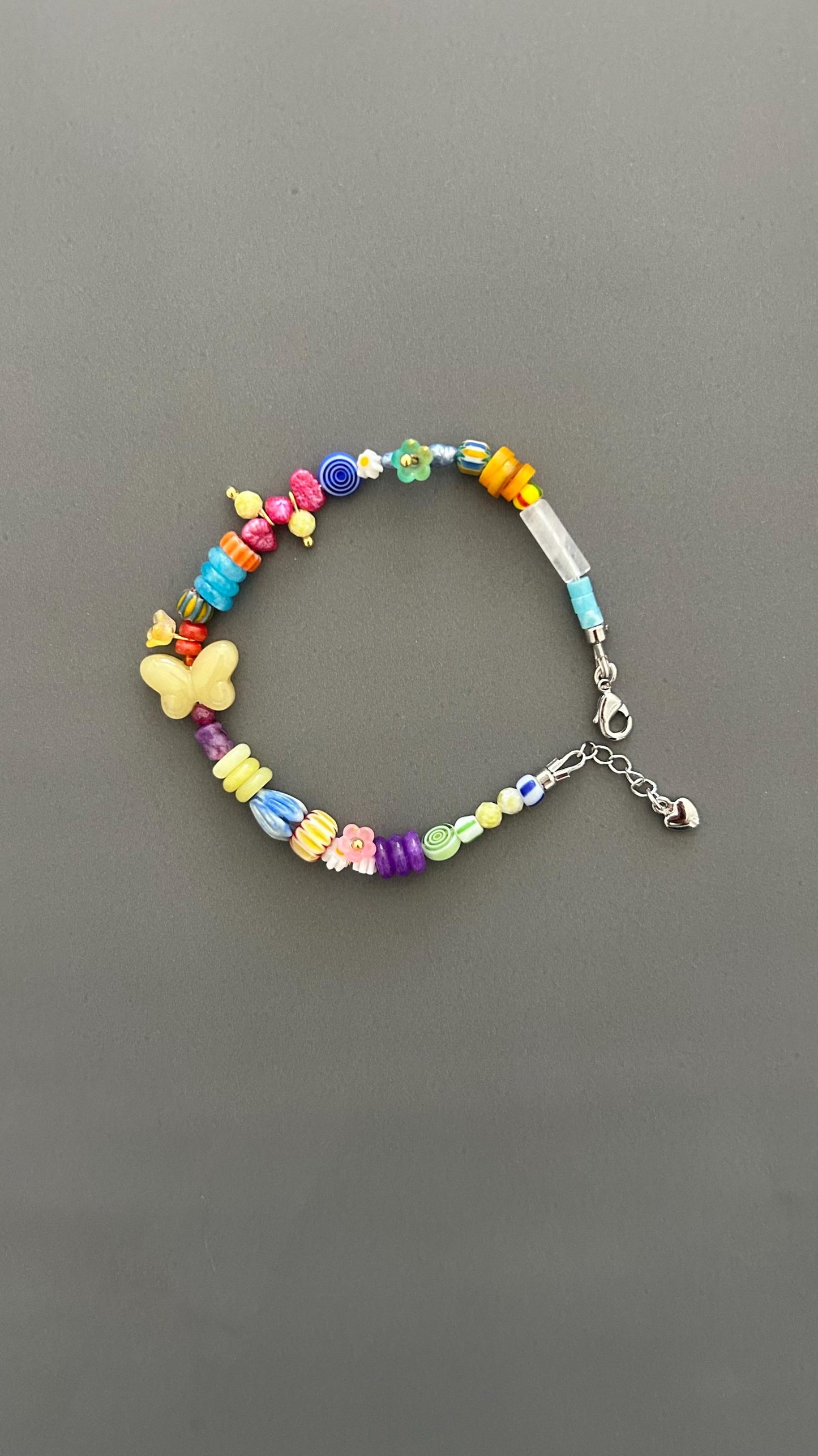 Butterfly Charm Bracelet - Rainbow Gemstone Bead with Flower Adjustable Stackable Colorful Bohemian Jewelry Transformation