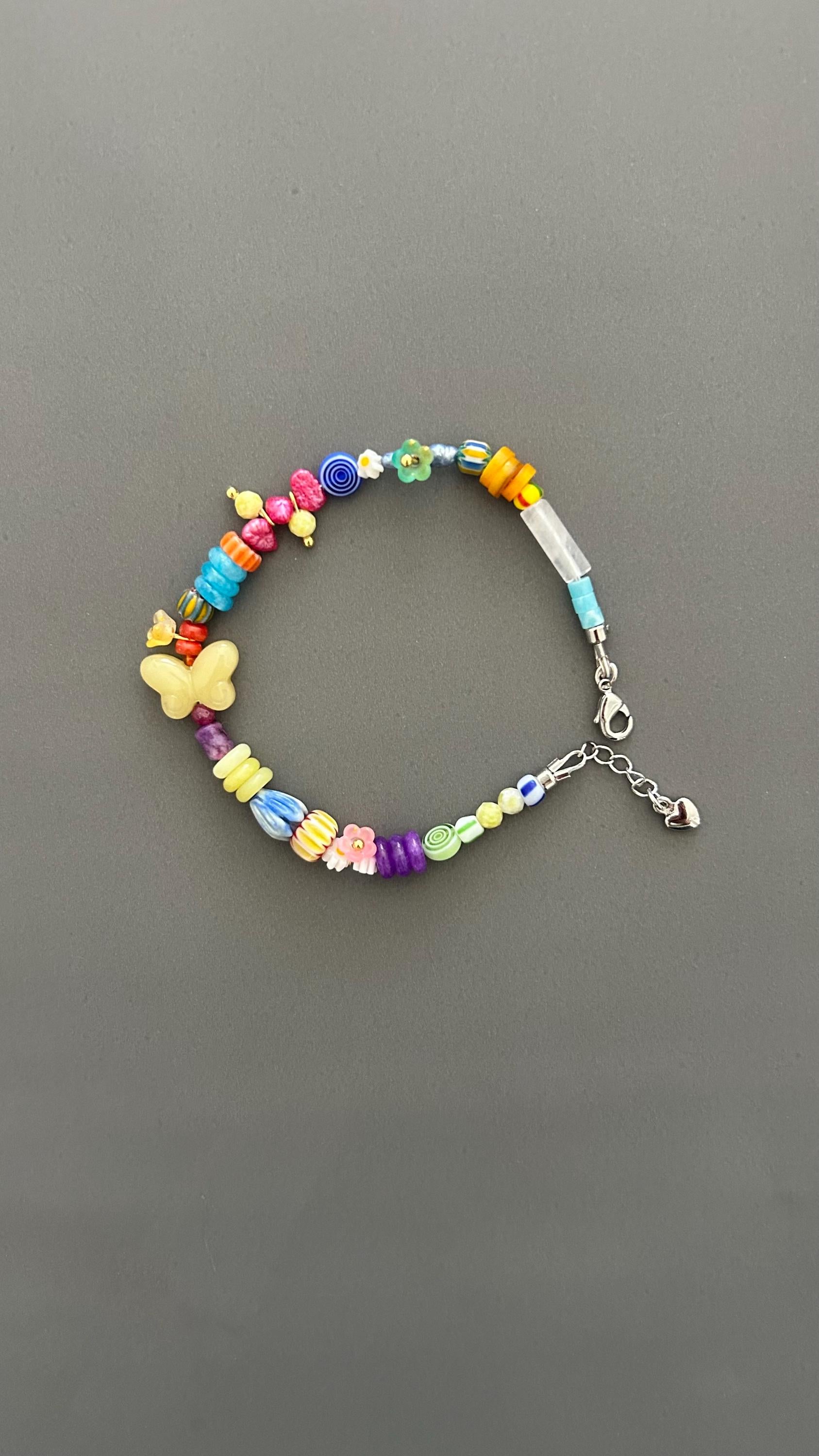 Butterfly Charm Bracelet - Rainbow Gemstone Bead with Flower Adjustable Stackable Colorful Bohemian Jewelry Transformation