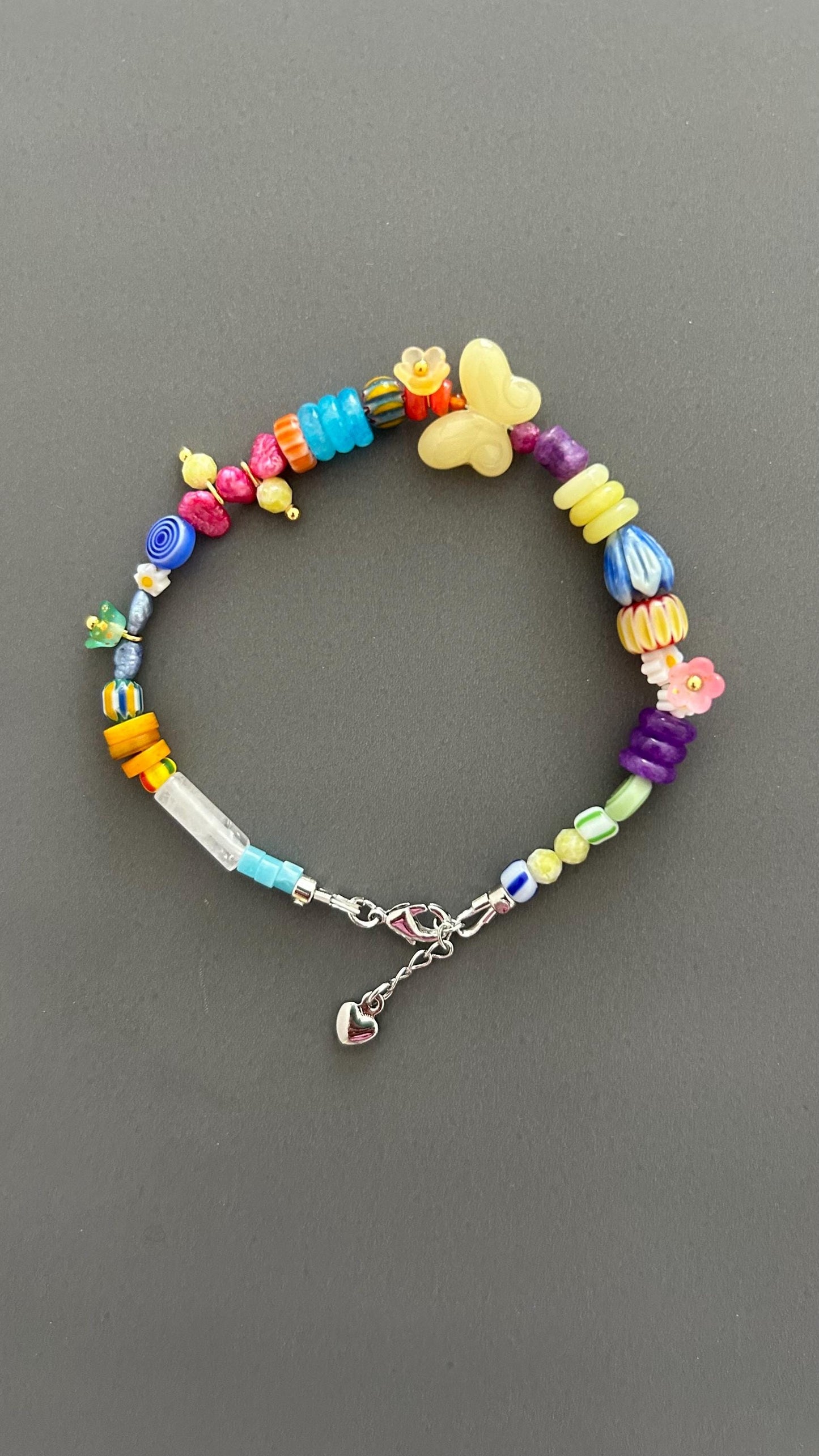 Butterfly Charm Bracelet - Rainbow Gemstone Bead with Flower Adjustable Stackable Colorful Bohemian Jewelry Transformation
