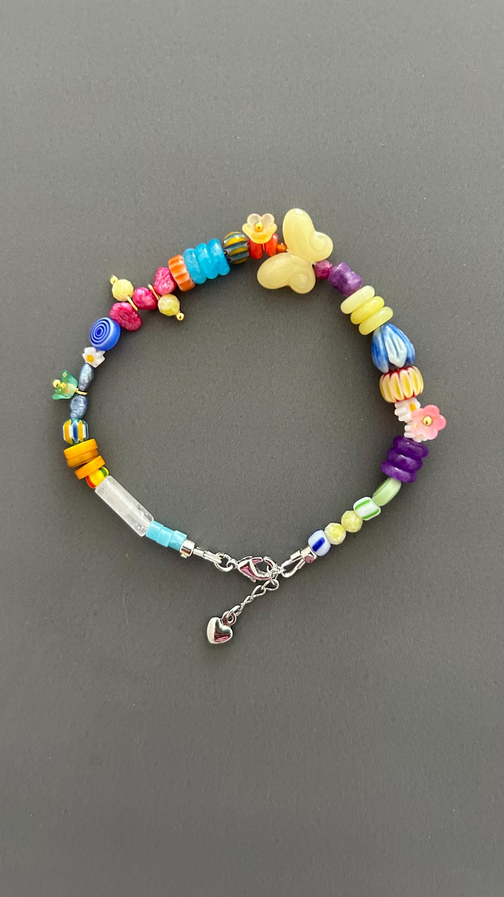 Butterfly Charm Bracelet - Rainbow Gemstone Bead with Flower Adjustable Stackable Colorful Bohemian Jewelry Transformation