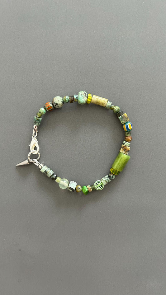 Green Turquoise Beaded Bracelet | Handmade Mixed Stone & Glass Bangle | Unisex Gift