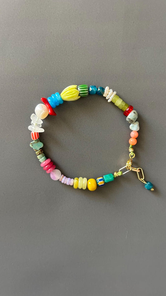 Bohemian Crystal Armlet, Gold Plated Toggle Wristband, Handmade Adjustable Jewelry, Colorful Bead Stackable Accessory, Luxe Gift for Her