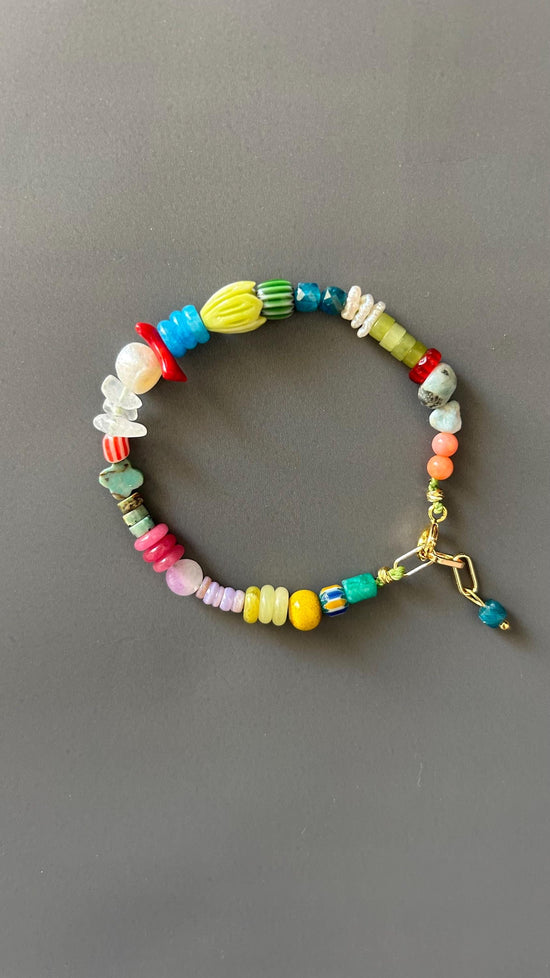 Bohemian Crystal Armlet, Gold Plated Toggle Wristband, Handmade Adjustable Jewelry, Colorful Bead Stackable Accessory, Luxe Gift for Her