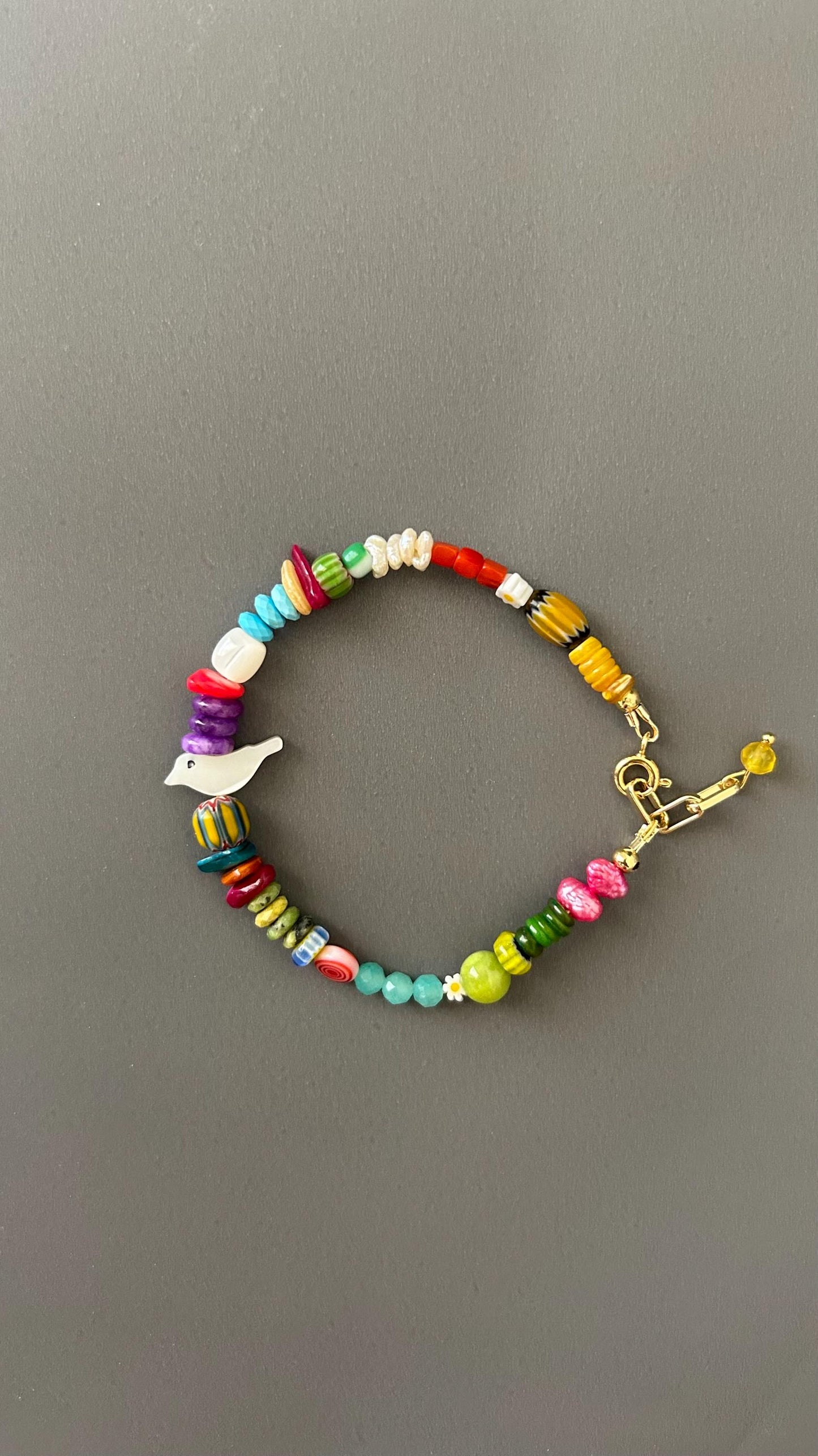 Handmade Bird Charm Bracelet - Boho Daisy Bead Adjustable Stackable Memory Wire Bracelet
