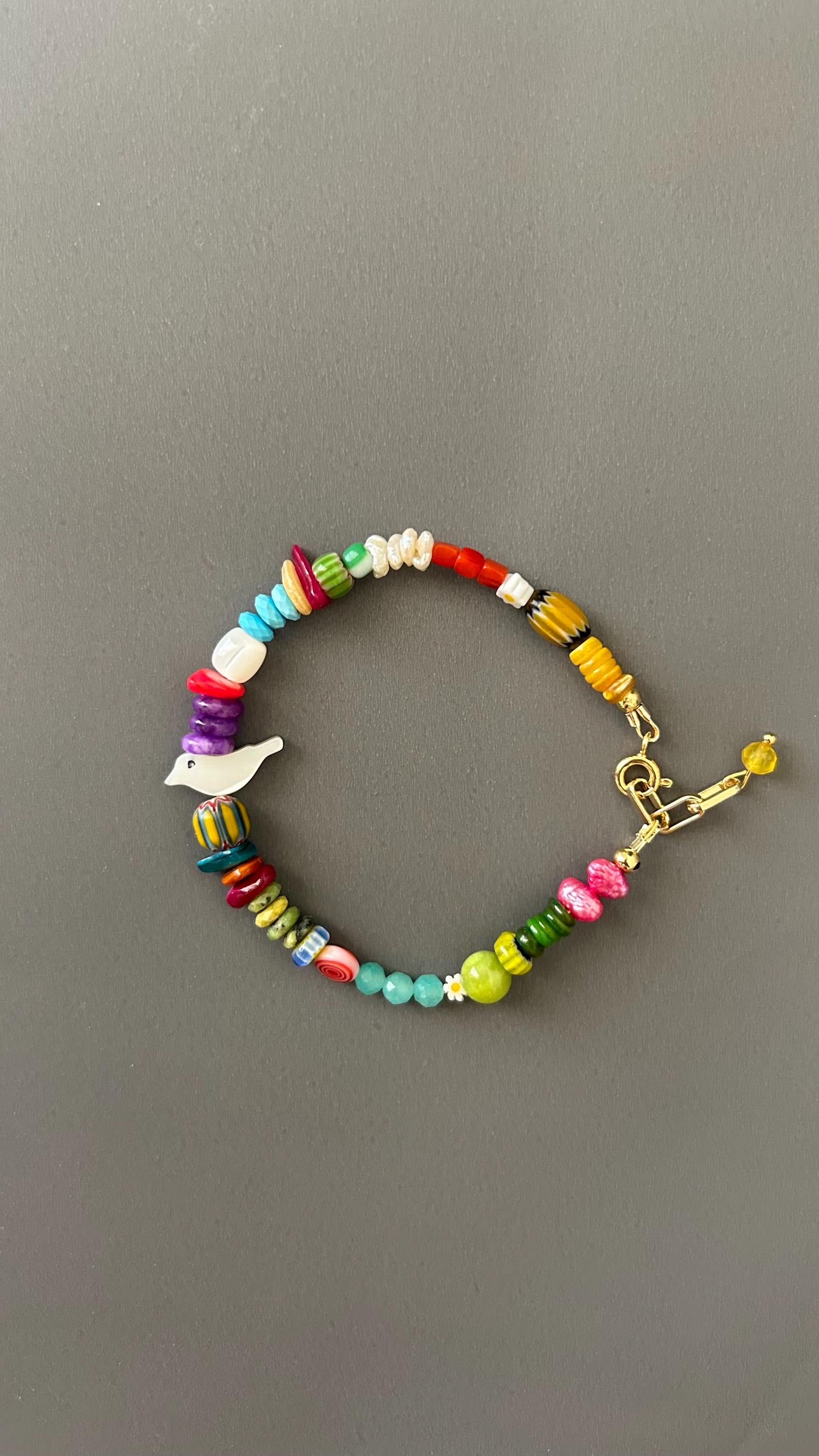 Handmade Bird Charm Bracelet - Boho Daisy Bead Adjustable Stackable Memory Wire Bracelet