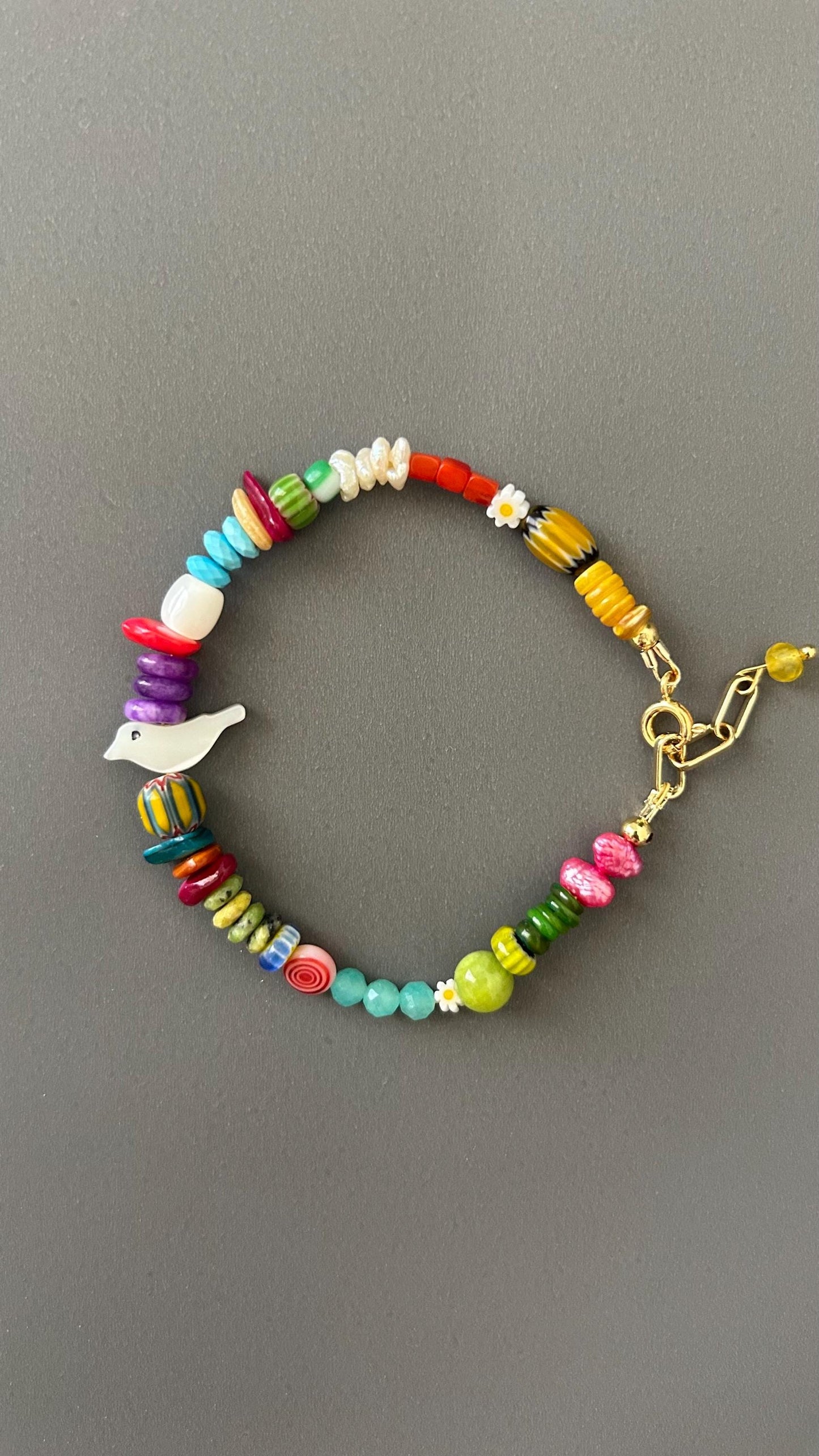 Handmade Bird Charm Bracelet - Boho Daisy Bead Adjustable Stackable Memory Wire Bracelet