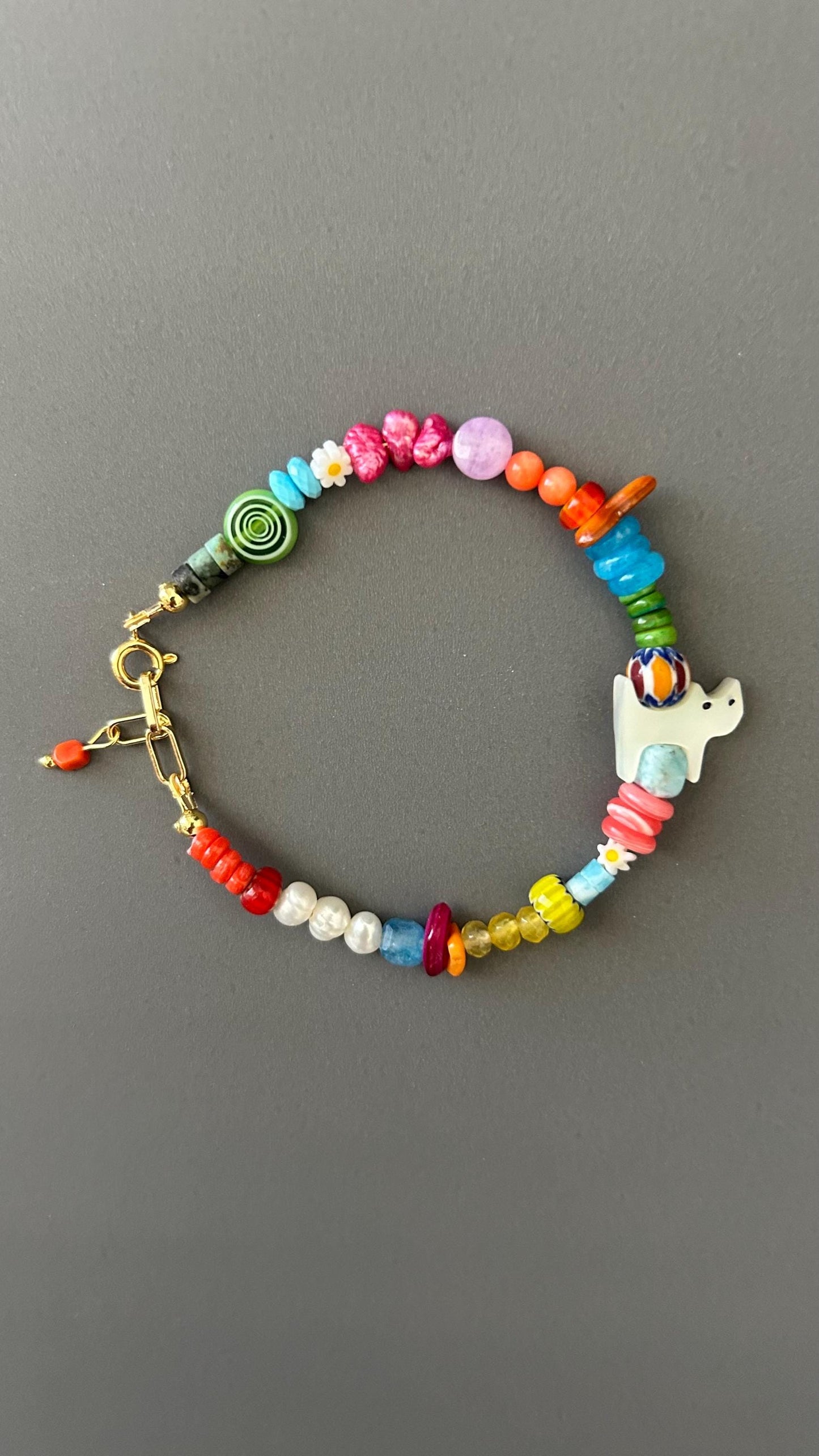 Handmade Gemstone Beaded Bracelet, Cat Charm, Boho Statement Jewelry, Luxury Gift Her