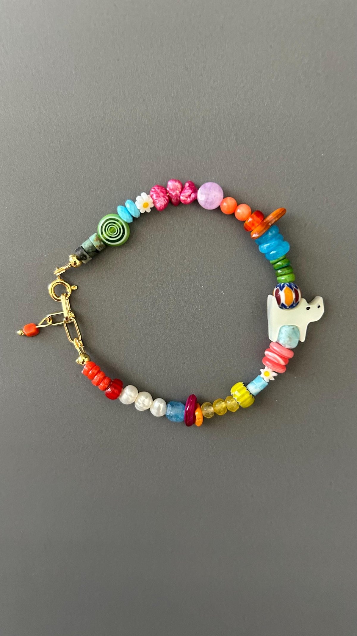 Handmade Gemstone Beaded Bracelet, Cat Charm, Boho Statement Jewelry, Luxury Gift Her