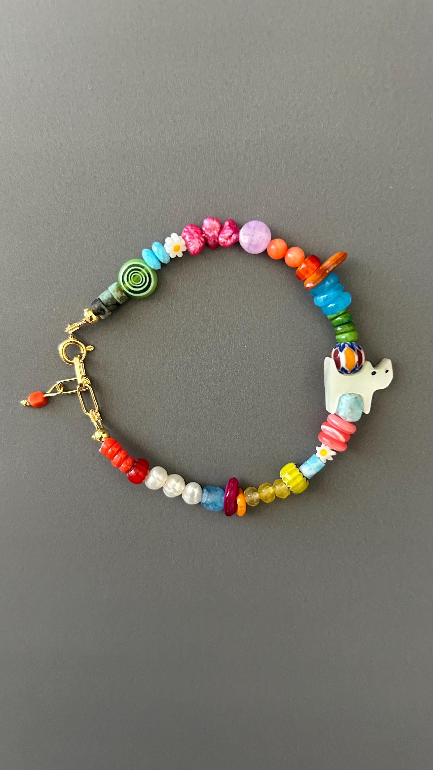 Handmade Gemstone Beaded Bracelet, Cat Charm, Boho Statement Jewelry, Luxury Gift Her