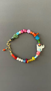 Handmade Gemstone Beaded Bracelet, Cat Charm, Boho Statement Jewelry, Luxury Gift Her
