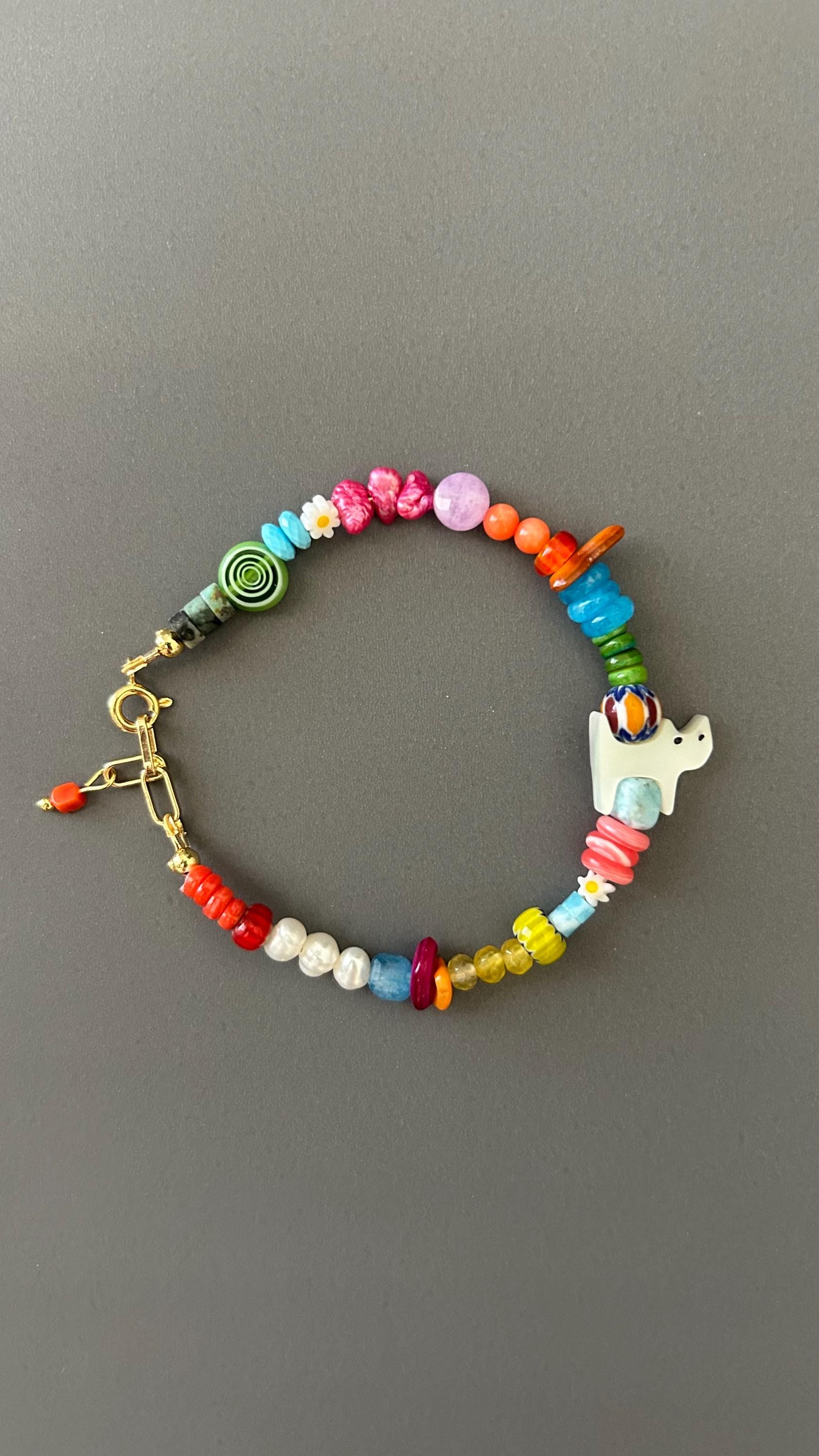 Handmade Gemstone Beaded Bracelet, Cat Charm, Boho Statement Jewelry, Luxury Gift Her