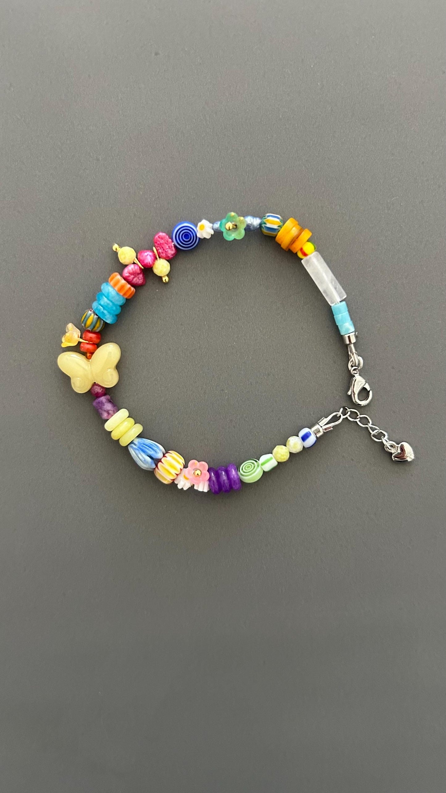 Butterfly Charm Bracelet - Rainbow Gemstone Bead with Flower Adjustable Stackable Colorful Bohemian Jewelry Transformation