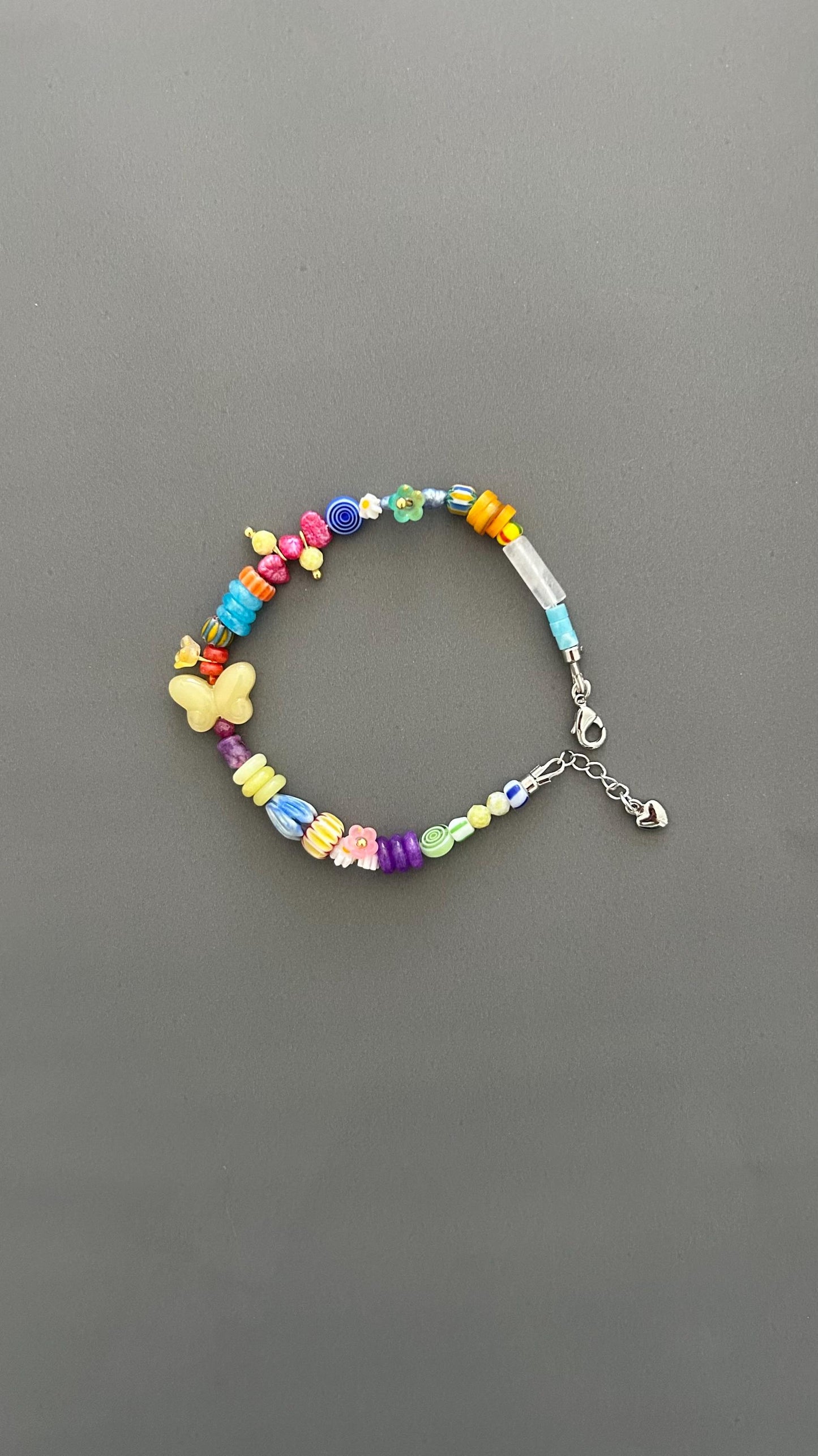 Butterfly Charm Bracelet - Rainbow Gemstone Bead with Flower Adjustable Stackable Colorful Bohemian Jewelry Transformation