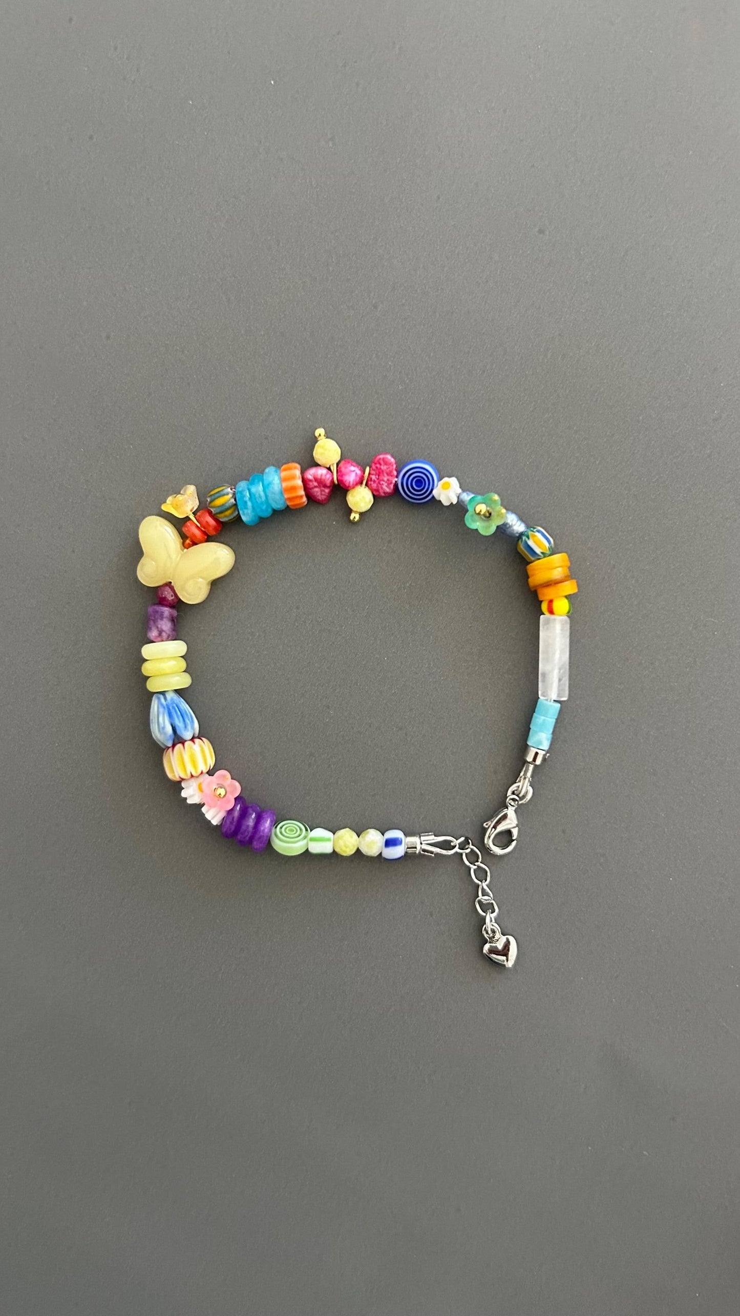 Butterfly Charm Bracelet - Rainbow Gemstone Bead with Flower Adjustable Stackable Colorful Bohemian Jewelry Transformation