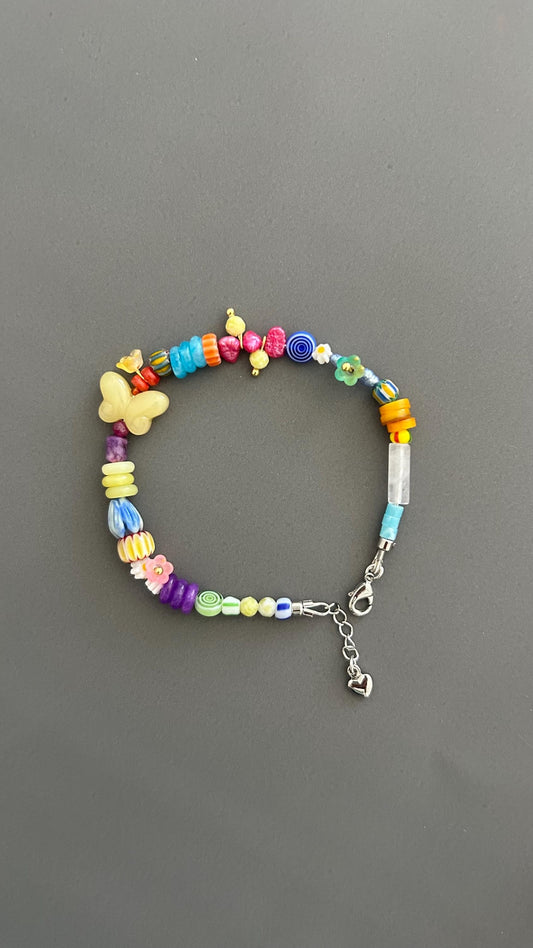 Butterfly Charm Bracelet - Rainbow Gemstone Bead with Flower Adjustable Stackable Colorful Bohemian Jewelry Transformation