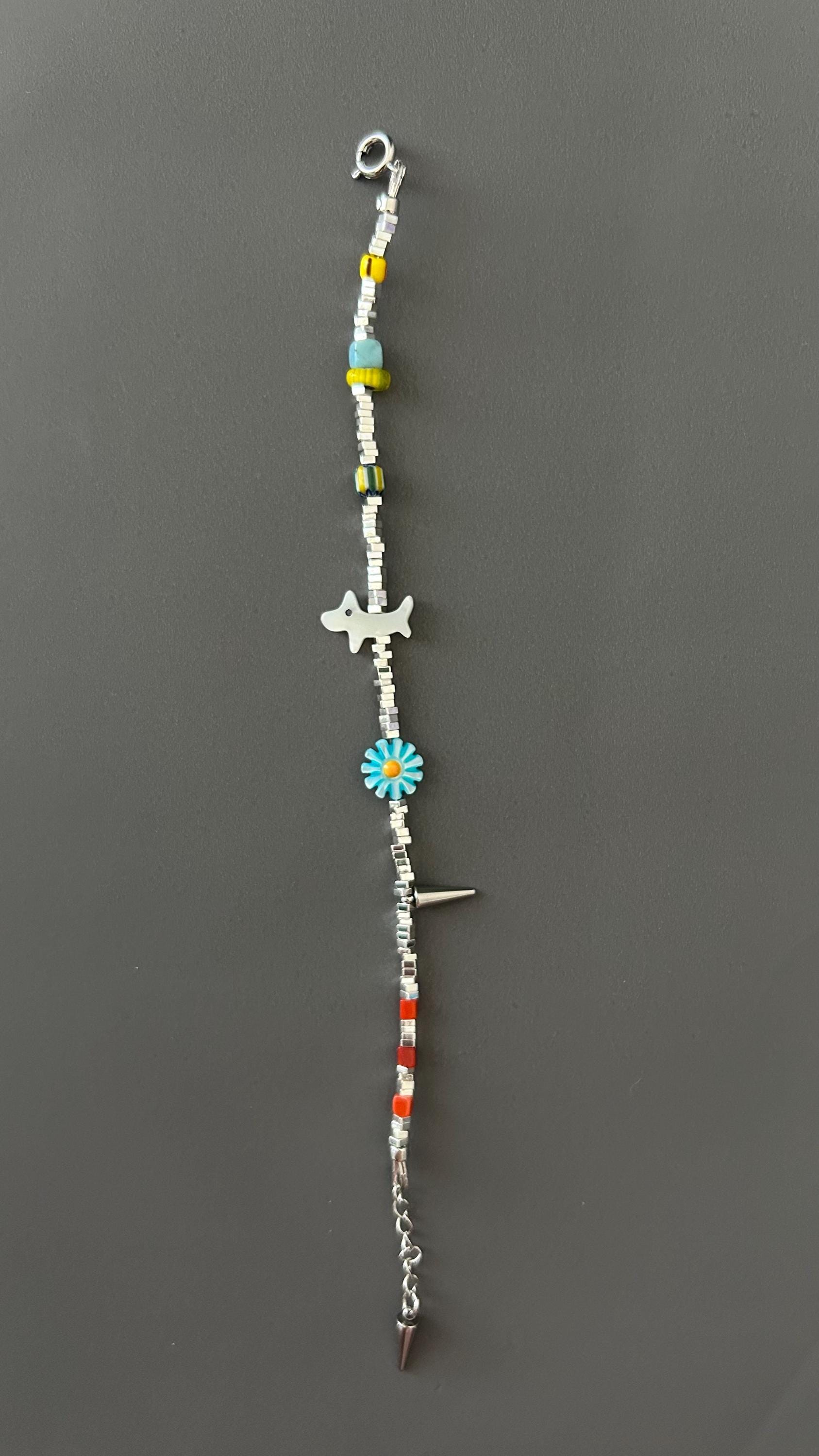 Pet Lover Beaded Bracelet — Handmade Dog Charm Bracelet with Flower & Spike — Gift for Dog Owners