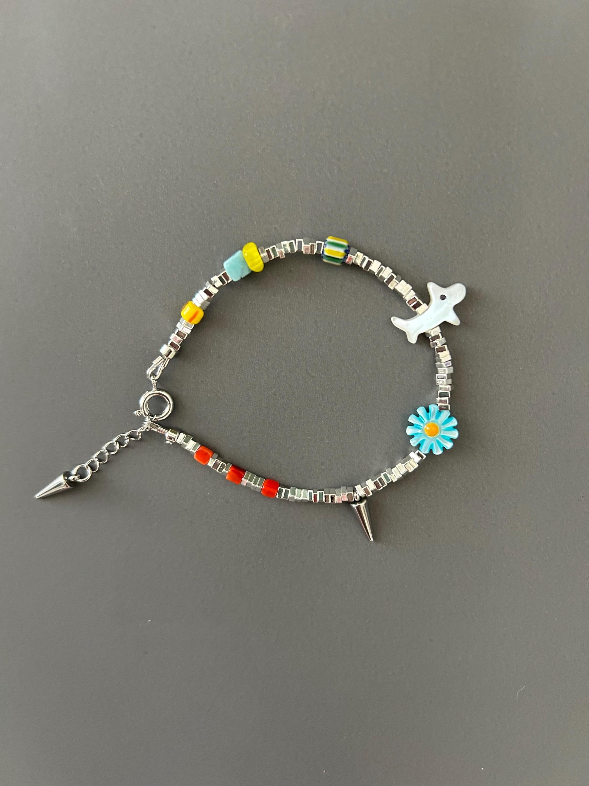 Pet Lover Beaded Bracelet — Handmade Dog Charm Bracelet with Flower & Spike — Gift for Dog Owners