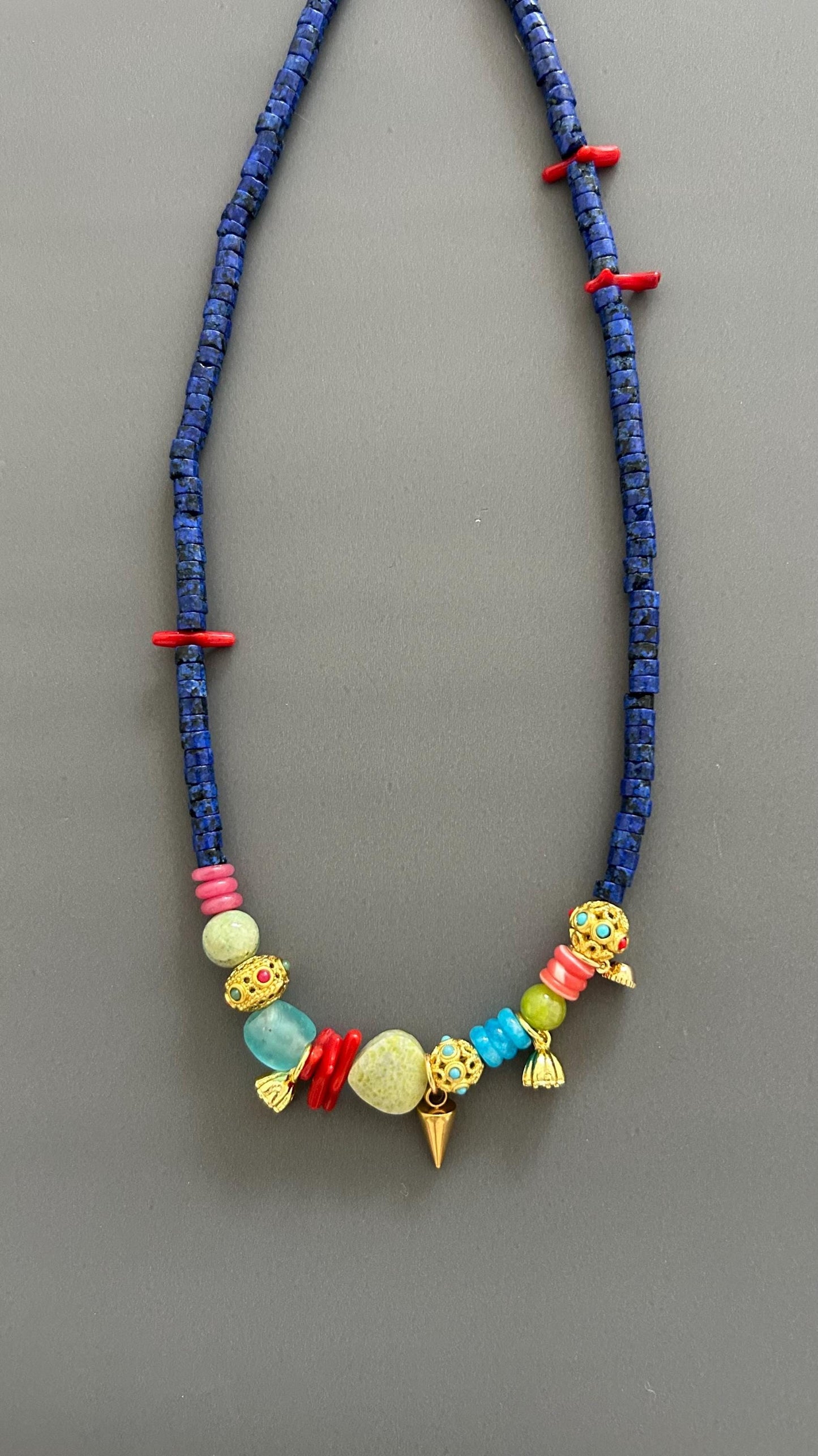Lapis Lazuli Authentic Necklace Red Coral Accents Gold Charm Necklace Handmade Colorful Artisan Jewelry