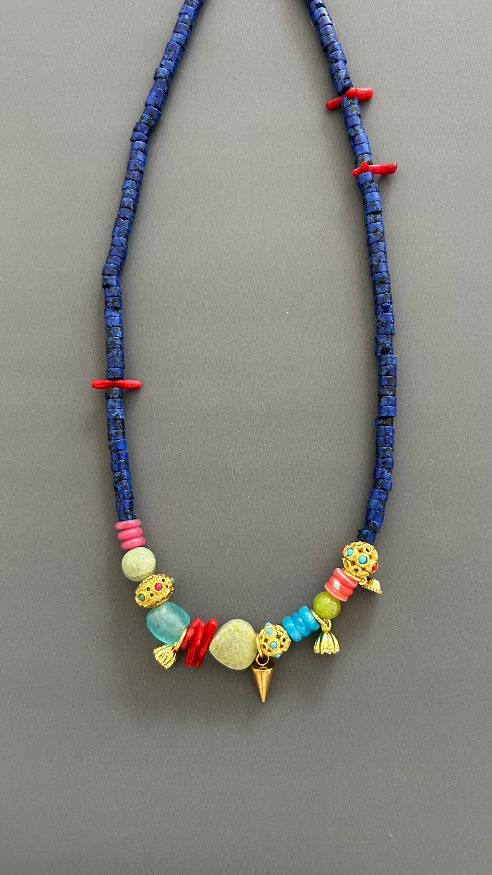 Lapis Lazuli Authentic Necklace Red Coral Accents Gold Charm Necklace Handmade Colorful Artisan Jewelry