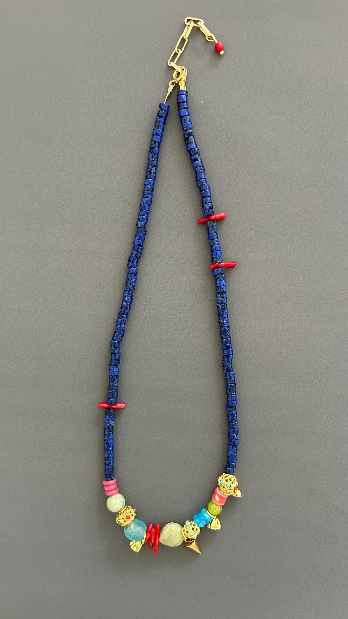 Lapis Lazuli Authentic Necklace Red Coral Accents Gold Charm Necklace Handmade Colorful Artisan Jewelry