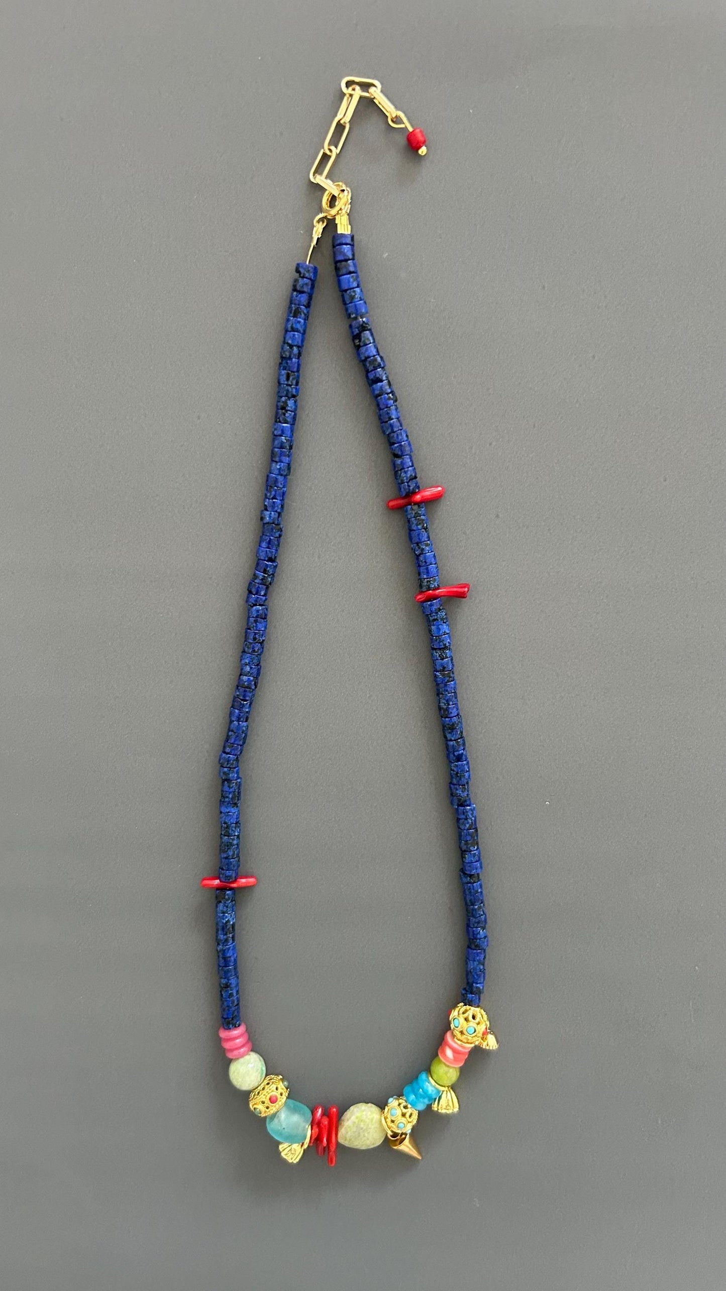 Lapis Lazuli Authentic Necklace Red Coral Accents Gold Charm Necklace Handmade Colorful Artisan Jewelry