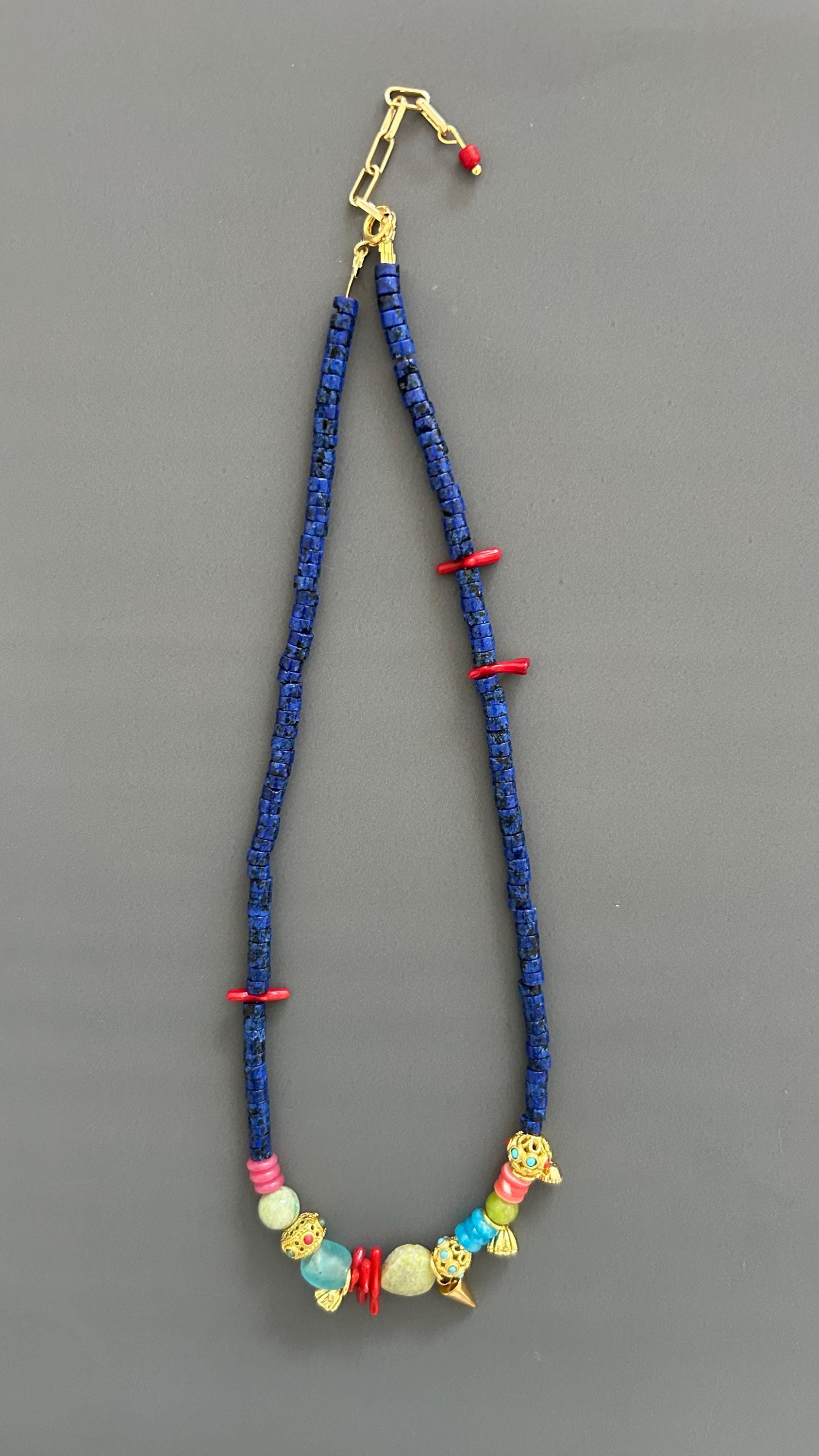 Lapis Lazuli Authentic Necklace Red Coral Accents Gold Charm Necklace Handmade Colorful Artisan Jewelry