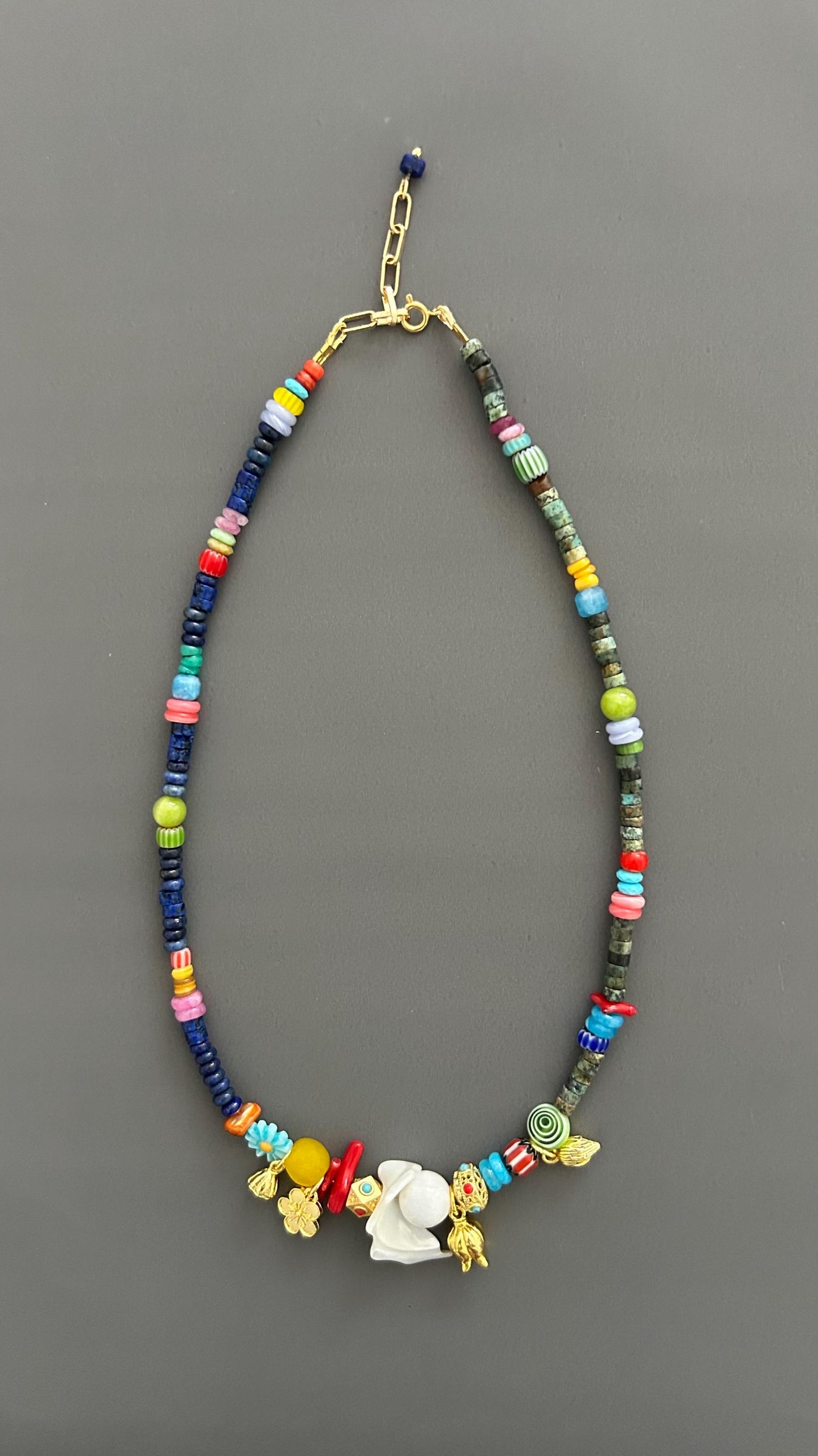 Boho Beaded Necklace with Shell Pendant, Colorful Gemstone Necklace, Handmade Statement Jewelry, Eclectic Artisan Necklace, Festival Jewelry