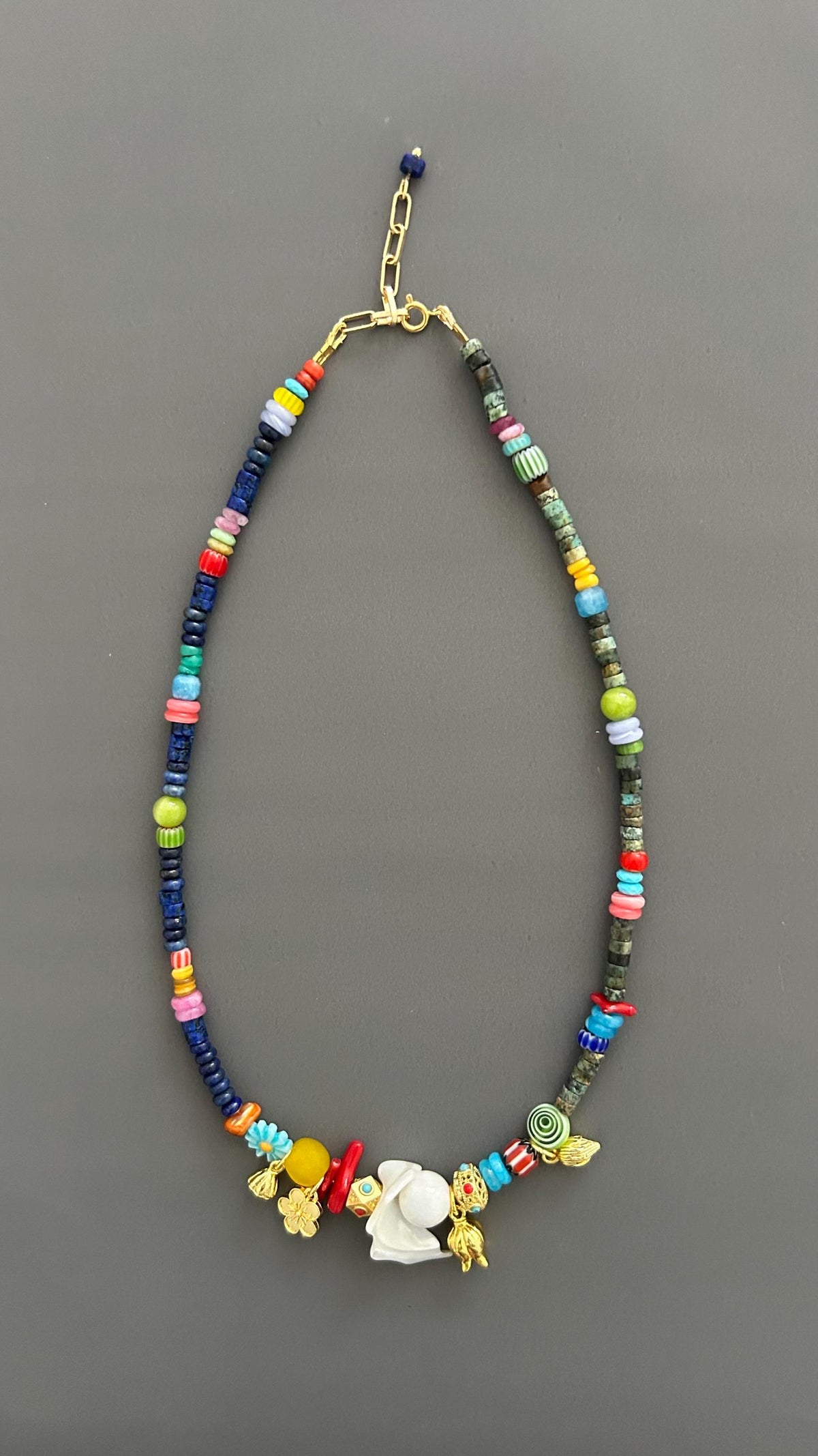 Boho Beaded Necklace with Shell Pendant, Colorful Gemstone Necklace, Handmade Statement Jewelry, Eclectic Artisan Necklace, Festival Jewelry