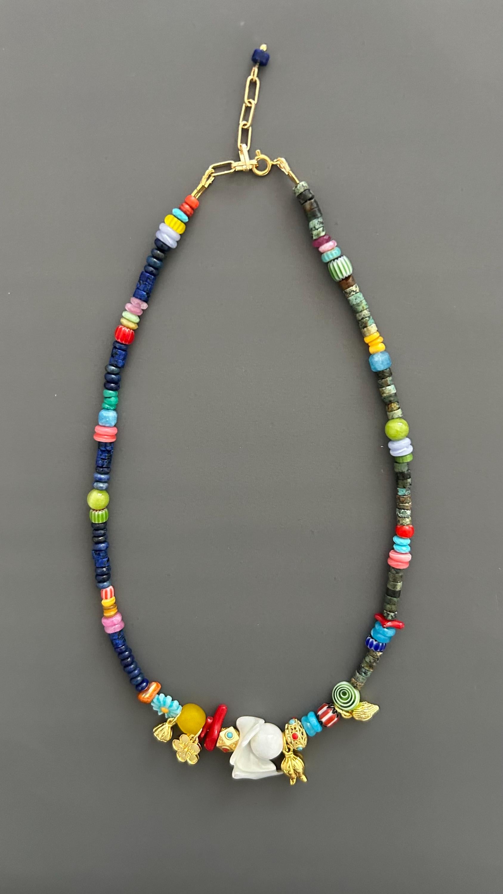 Boho Beaded Necklace with Shell Pendant, Colorful Gemstone Necklace, Handmade Statement Jewelry, Eclectic Artisan Necklace, Festival Jewelry