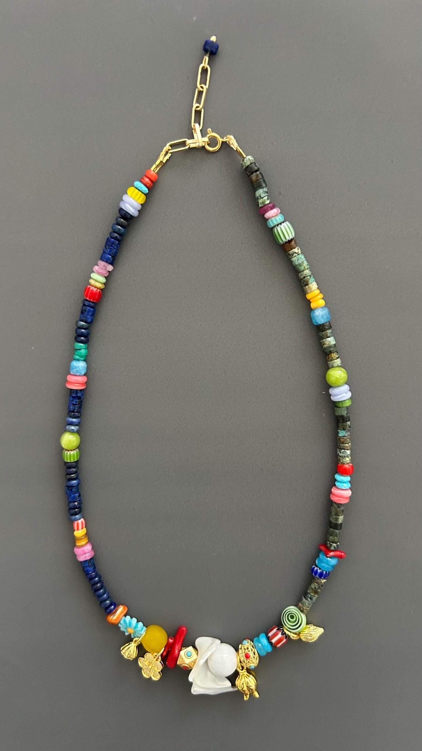 Boho Beaded Necklace with Shell Pendant, Colorful Gemstone Necklace, Handmade Statement Jewelry, Eclectic Artisan Necklace, Festival Jewelry