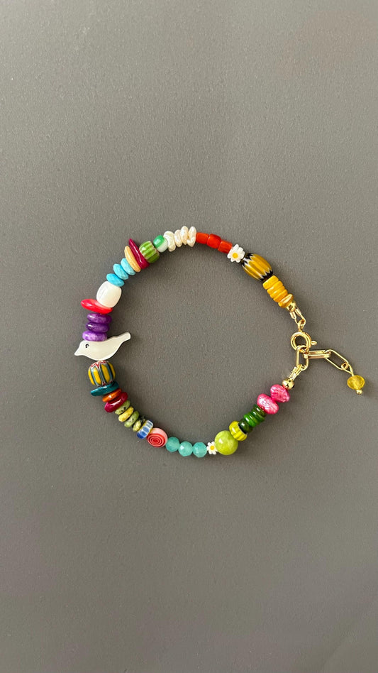 Handmade Bird Charm Bracelet - Boho Daisy Bead Adjustable Stackable Memory Wire Bracelet