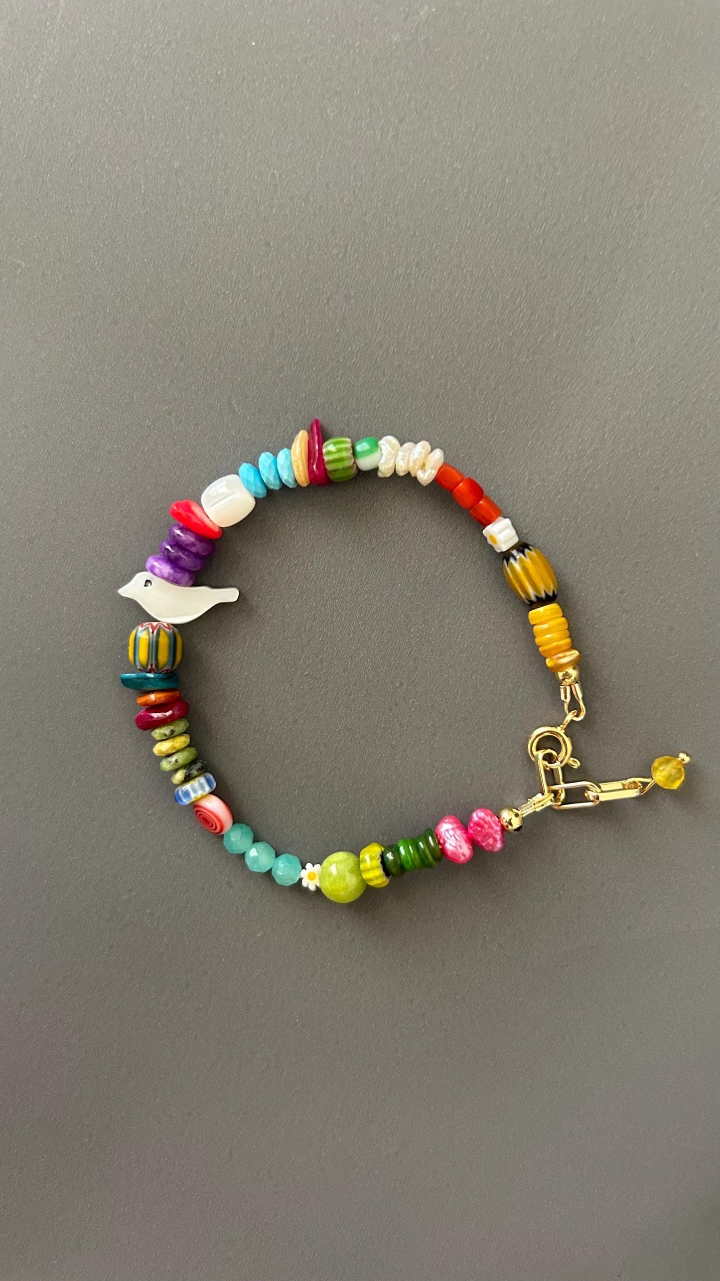 Handmade Bird Charm Bracelet - Boho Daisy Bead Adjustable Stackable Memory Wire Bracelet