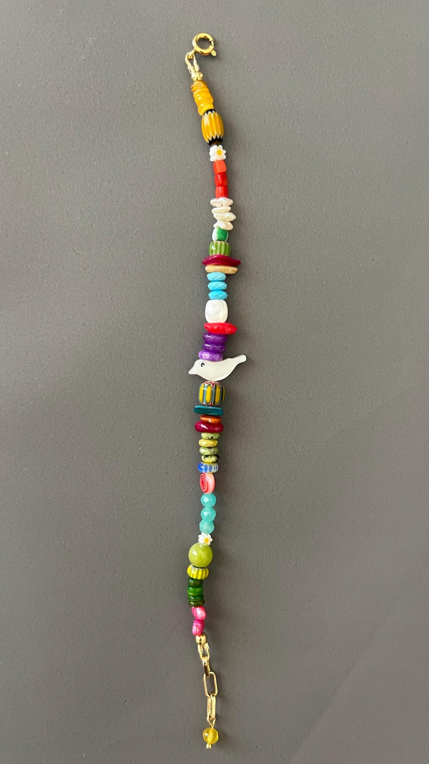 Handmade Bird Charm Bracelet - Boho Daisy Bead Adjustable Stackable Memory Wire Bracelet