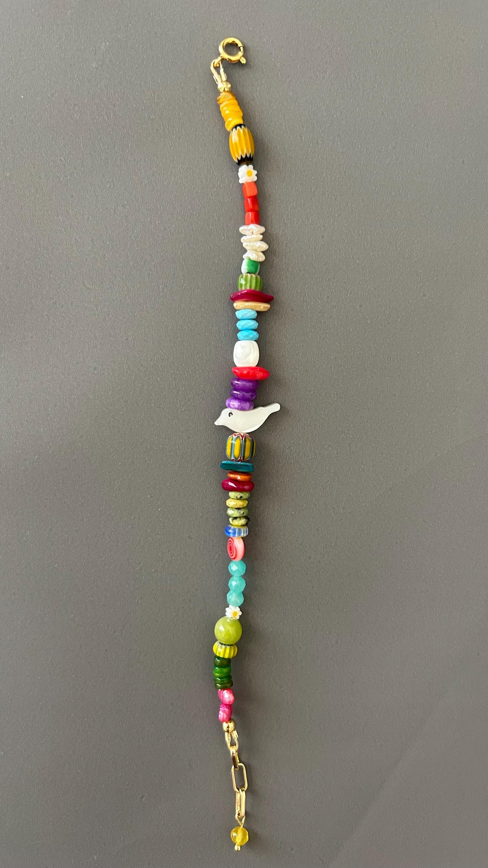 Handmade Bird Charm Bracelet - Boho Daisy Bead Adjustable Stackable Memory Wire Bracelet