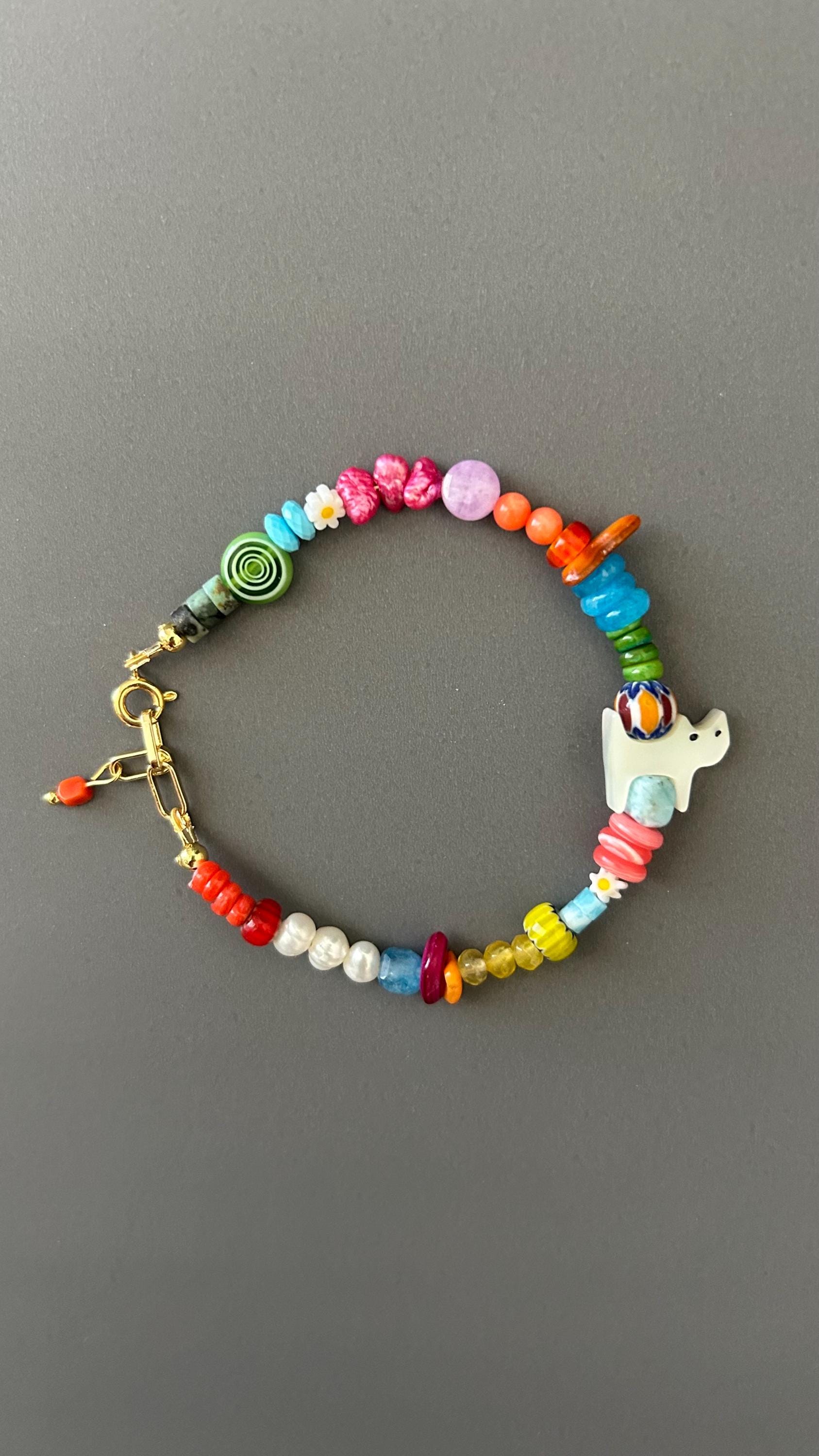 Handmade Gemstone Beaded Bracelet, Cat Charm, Boho Statement Jewelry, Luxury Gift Her
